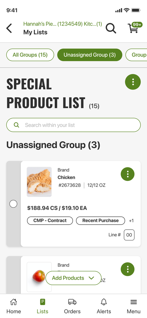 This is an image of a List on MOXe's mobile app. The name of the list is titled, "Special Product List." There are 15 products added, and a bunch of groups created by the user.