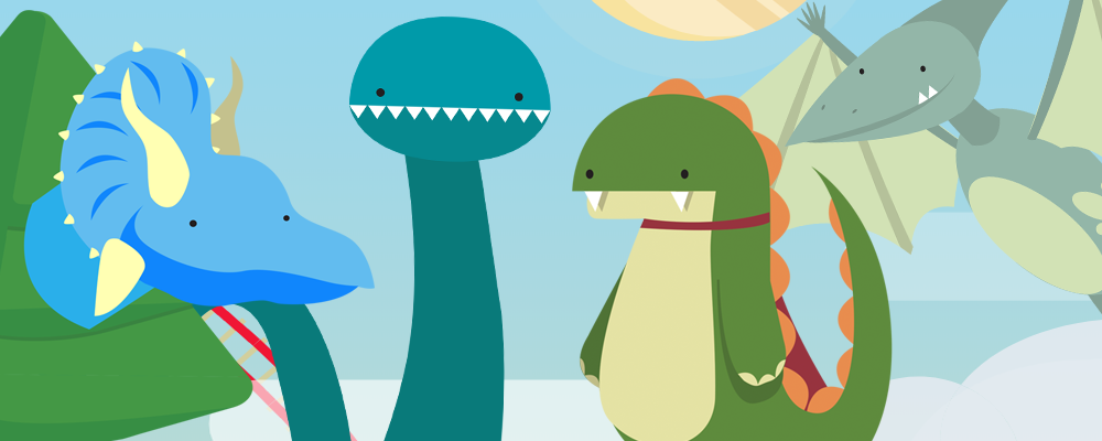 This is an image of four creatures created for Coaster Challenge. On the left is a blue triceratopcs. To his right is a teal loch ness monster, with sharp teeth. To their right, we have Donorsaur, who is green. The last is a light green pterodactyl.