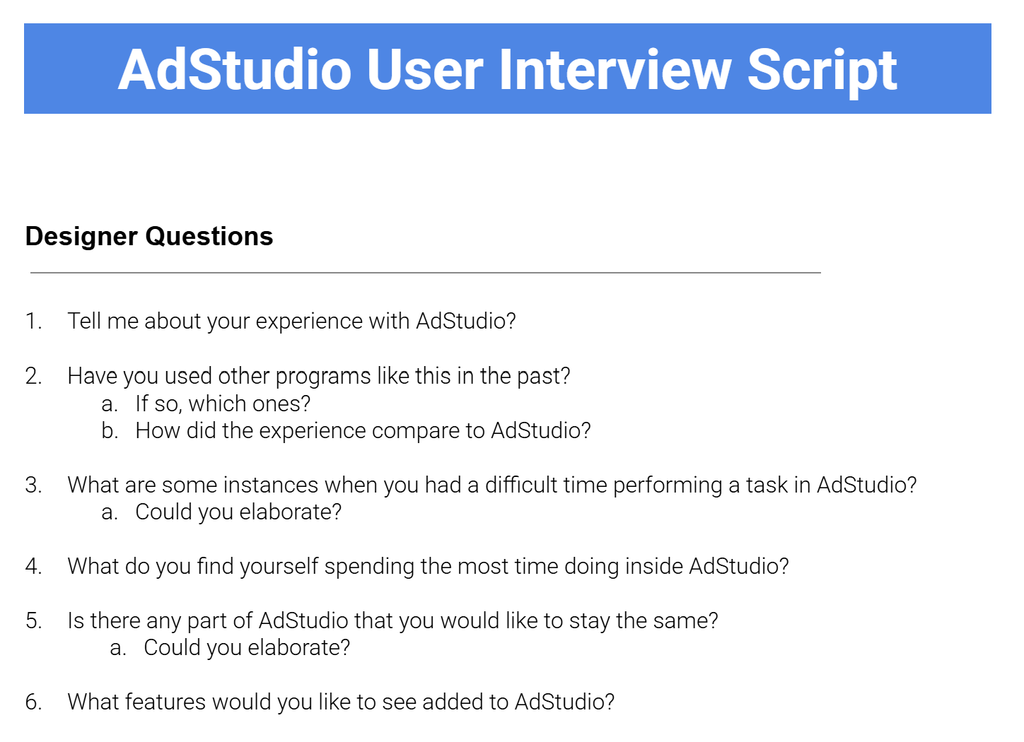 This is a screenshot of the user interview script. It's a document with a blue header on top.