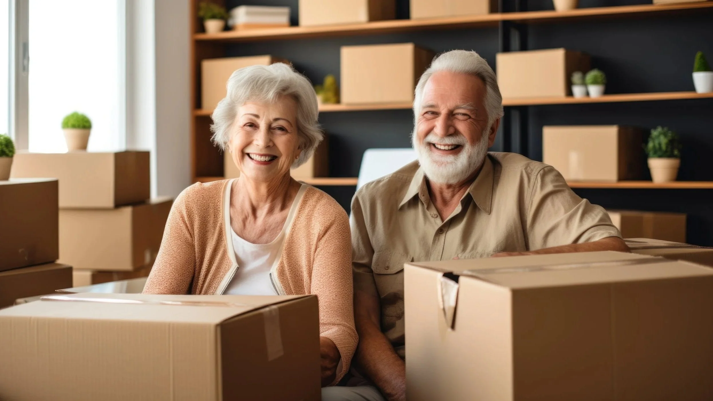 Smiling elderly woman and man sitting among packed boxes, likely moving into a rest home or retirement village.