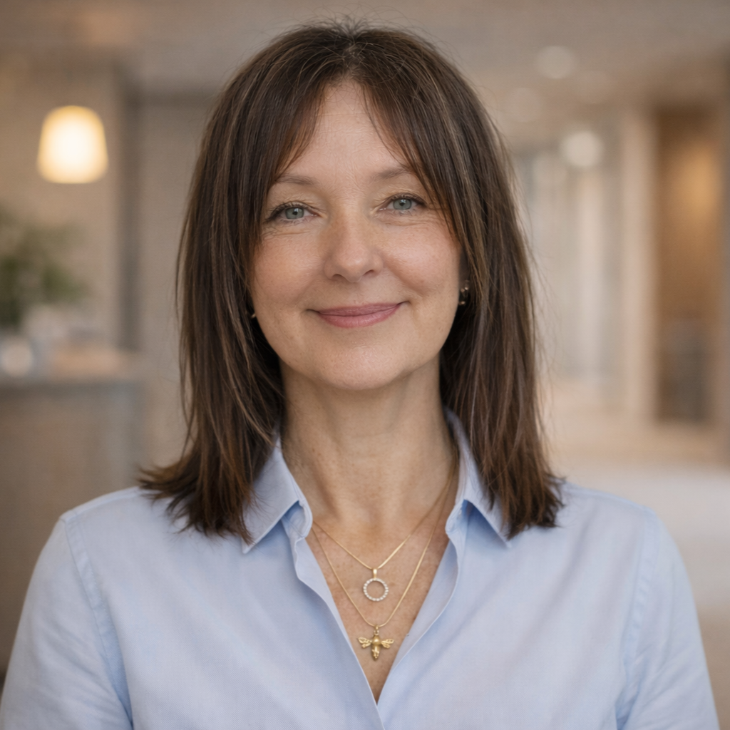 A female lawyer, Tara Vanderkolk, with shoulder-length brown hair and wearing a light blue blouse, smiling in an office setting with blurred background.