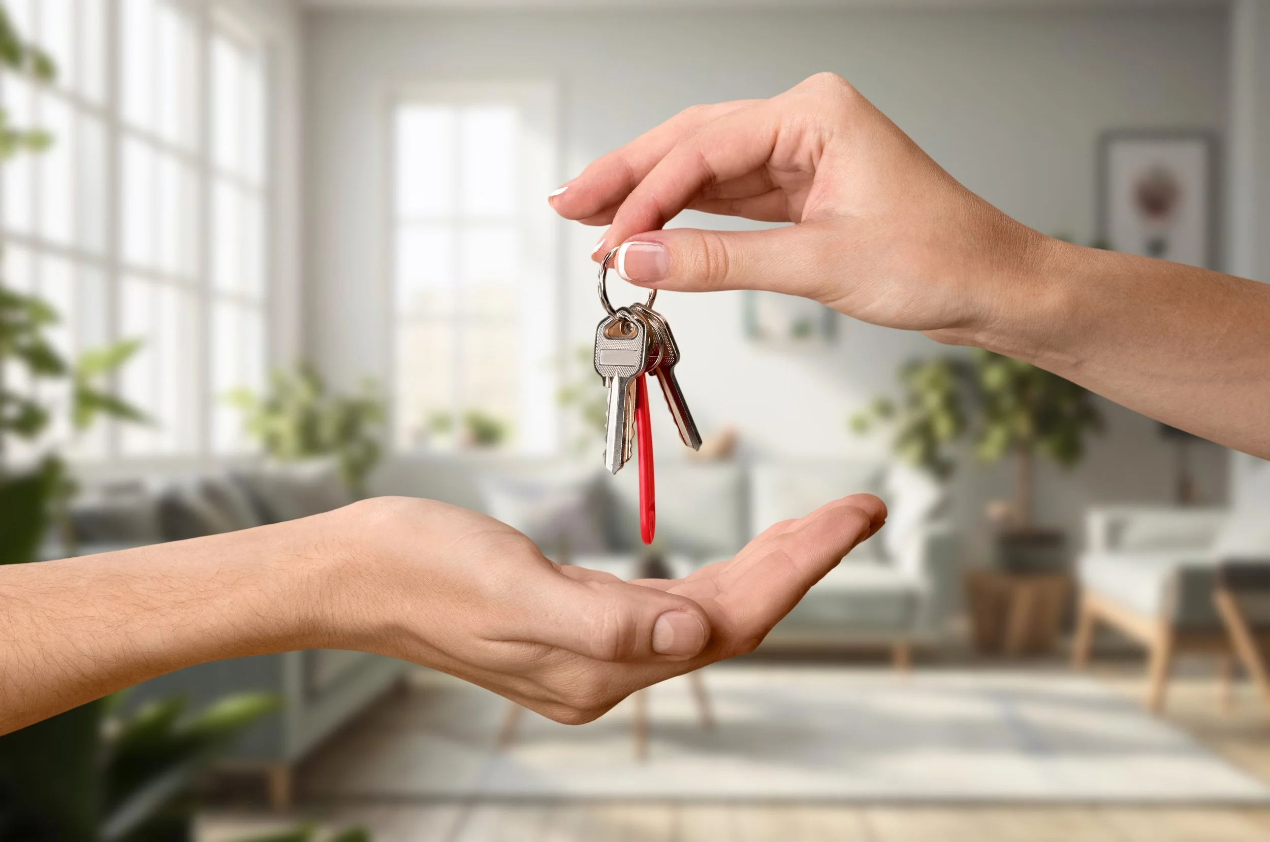 Hands exchanging keys, with a house key and a red keychain, in a well-lit room with large windows, plants, and minimal furniture in the background, signifying the purchase or sale of a property.