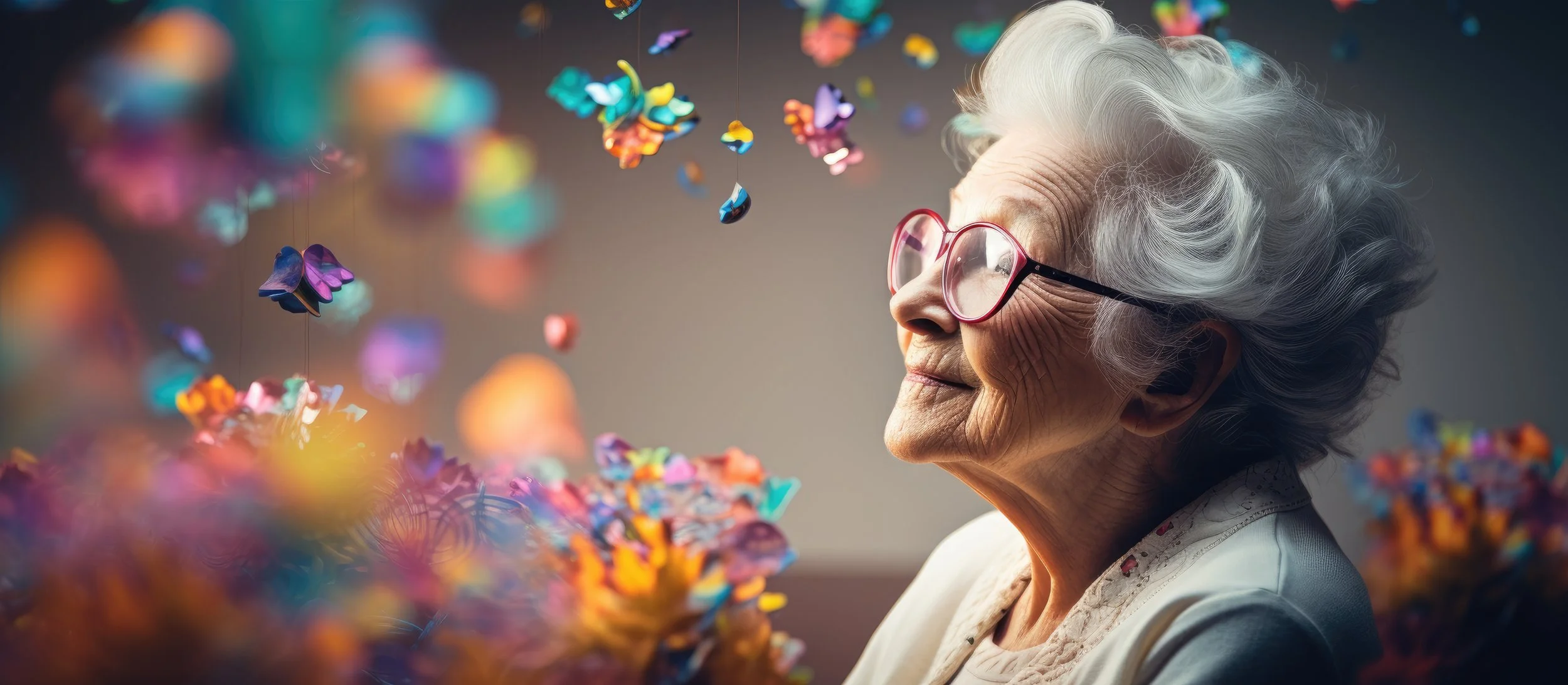 Older woman wearing pink glasses and a white shirt looking at colorful butterflies and flowers display to represent elder law.