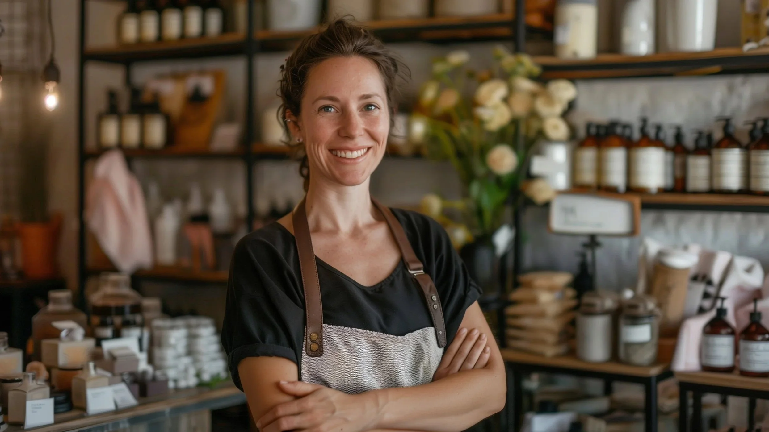 Smiling woman with short brown hair wearing a black shirt and apron, standing in a shop with shelves of jars, bottles, and flowers in the background to show a business that may need legal advice.
