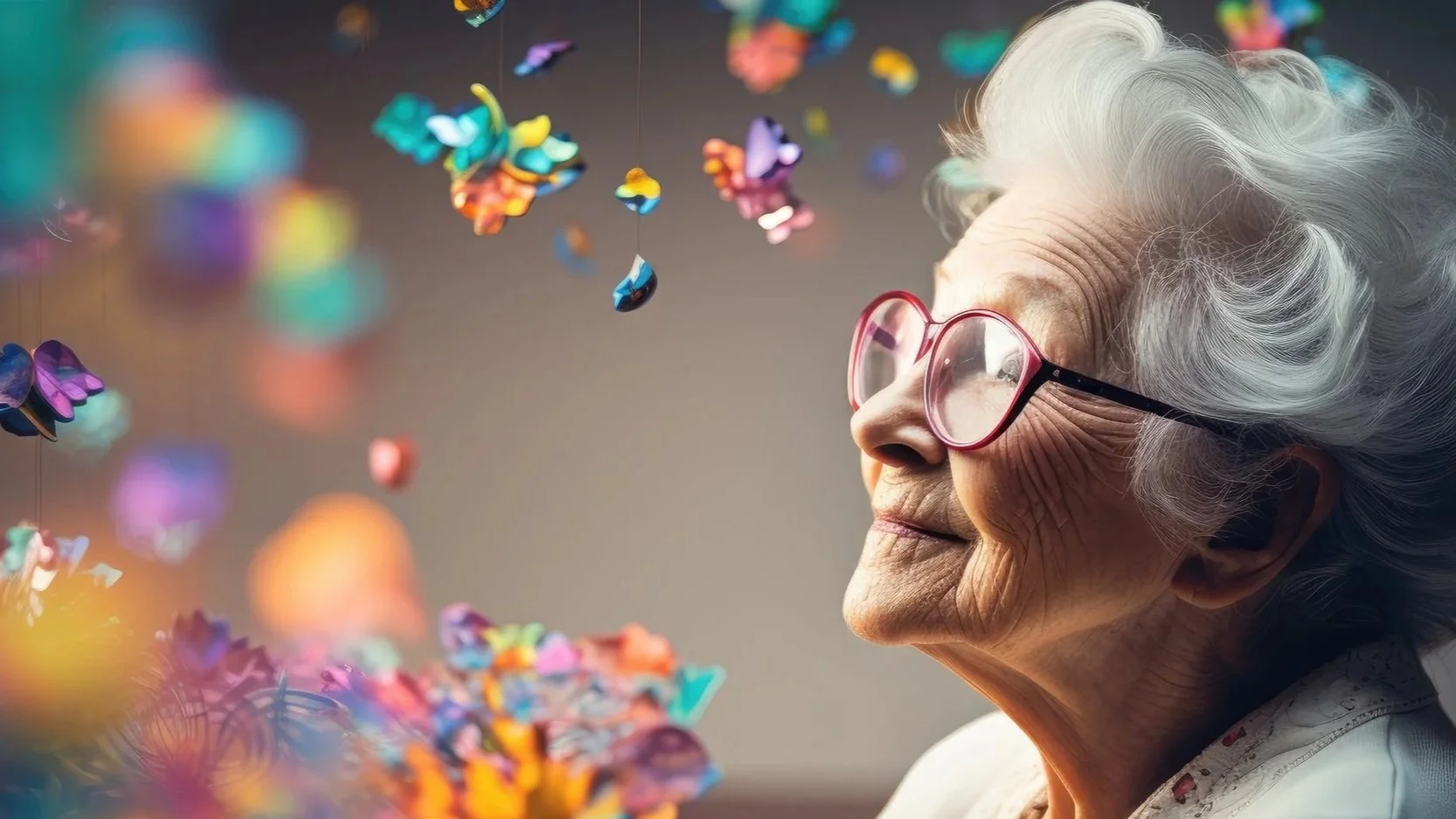 An elderly woman with short white hair and pink glasses is smiling as colorful paper butterflies are floating in the air as a representative of Elder Law.