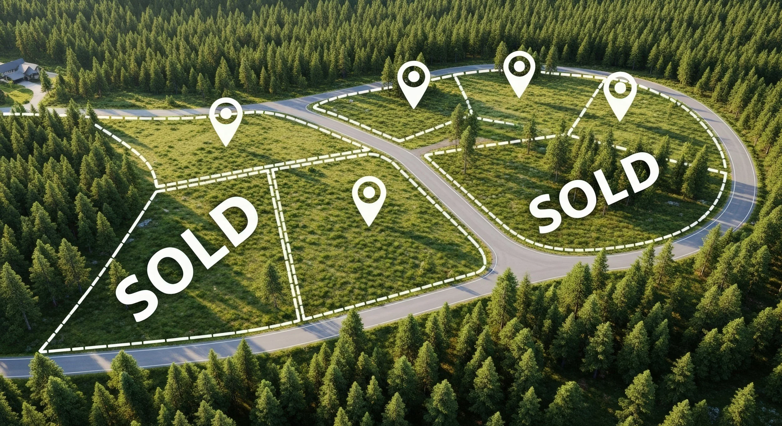 Aerial view of a winding road through a green forest with plot lines and markers indicating sold and available land parcels to show subdivision of property.