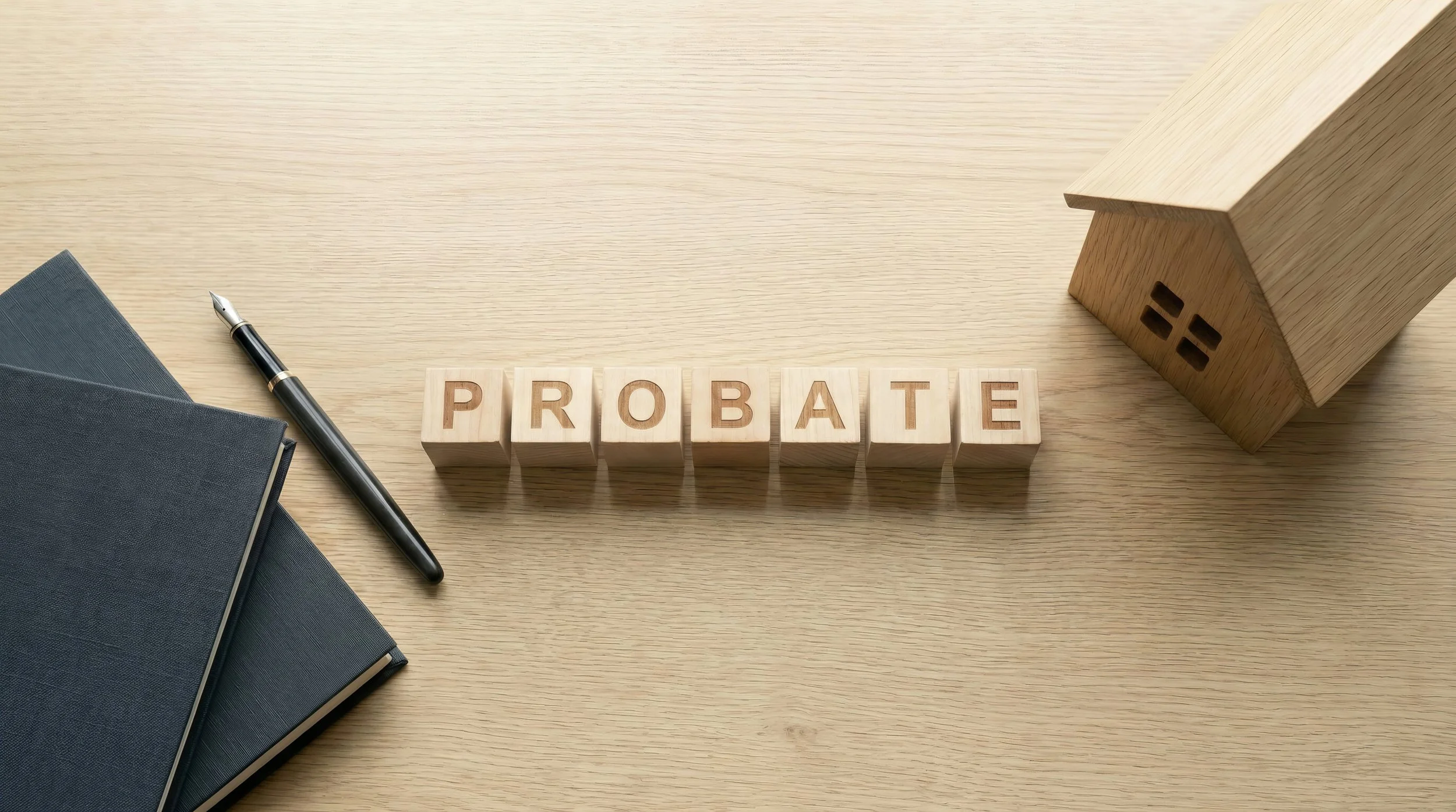 Wooden Scrabble tiles spelling 'PROBATE' on a light wooden table, to represent the role of a lawyer in estate administration.