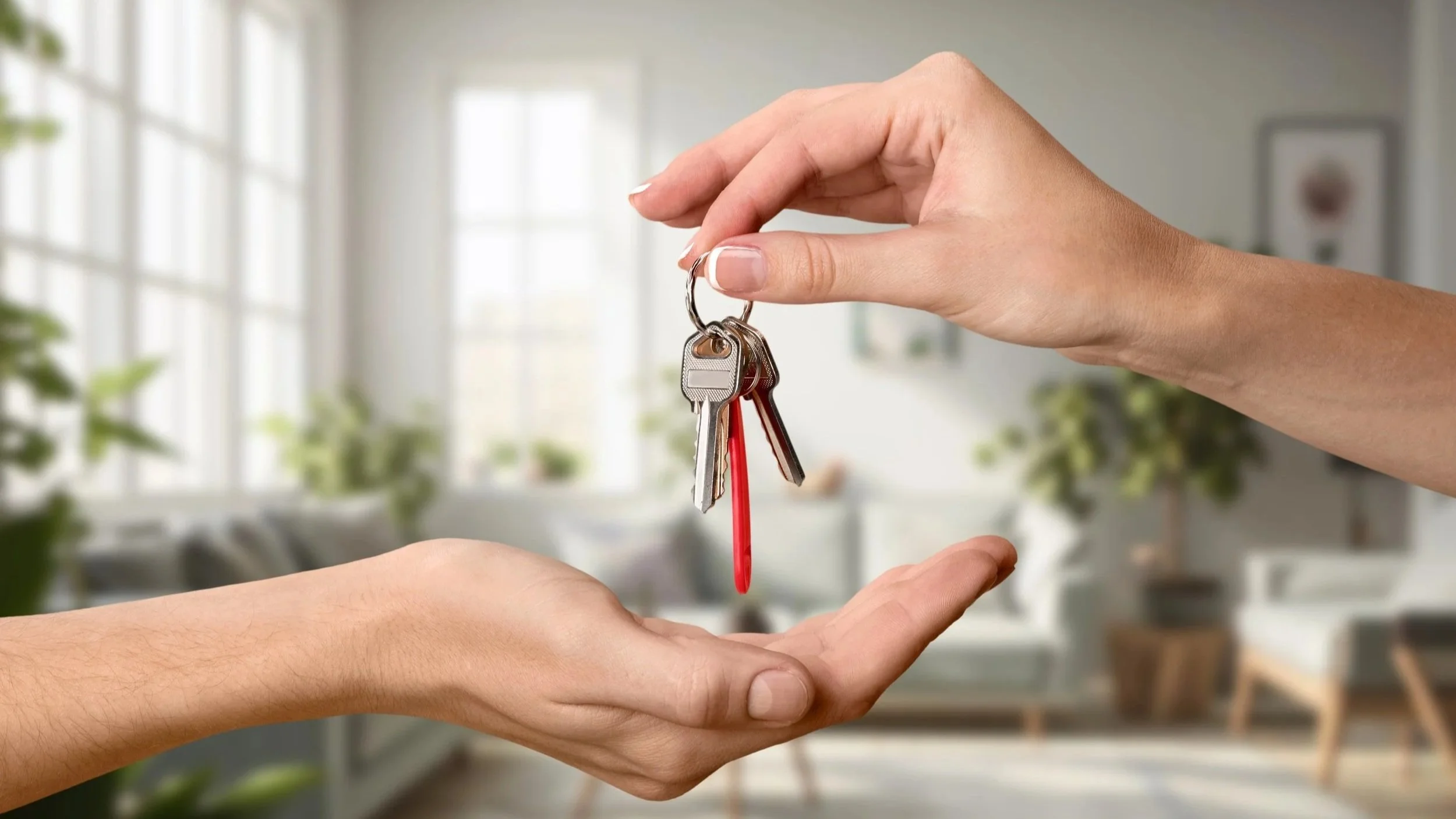 Hands exchanging keys, with a house key and a red keychain, in a well-lit room with large windows, plants, and minimal furniture in the background, signifying the purchase or sale of a property.