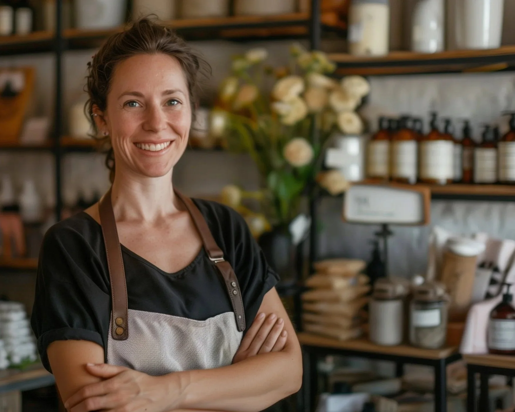 Smiling woman with short brown hair wearing a black shirt and apron, standing in a shop with shelves of jars, bottles, and flowers in the background to show a business that may need legal advice.