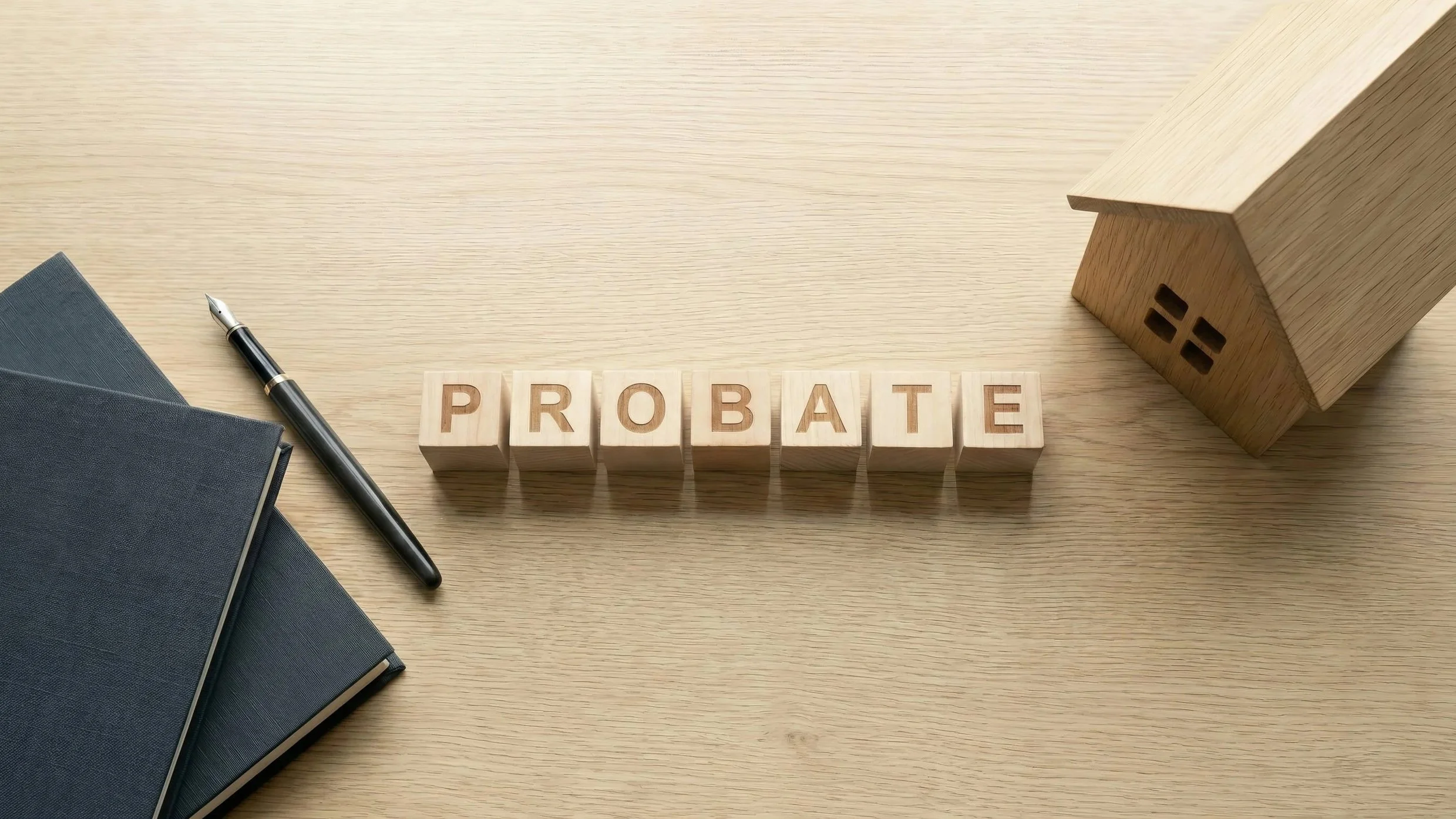 Wooden Scrabble tiles spelling 'PROBATE' on a light wooden table, to represent the role of a lawyer in estate administration.
