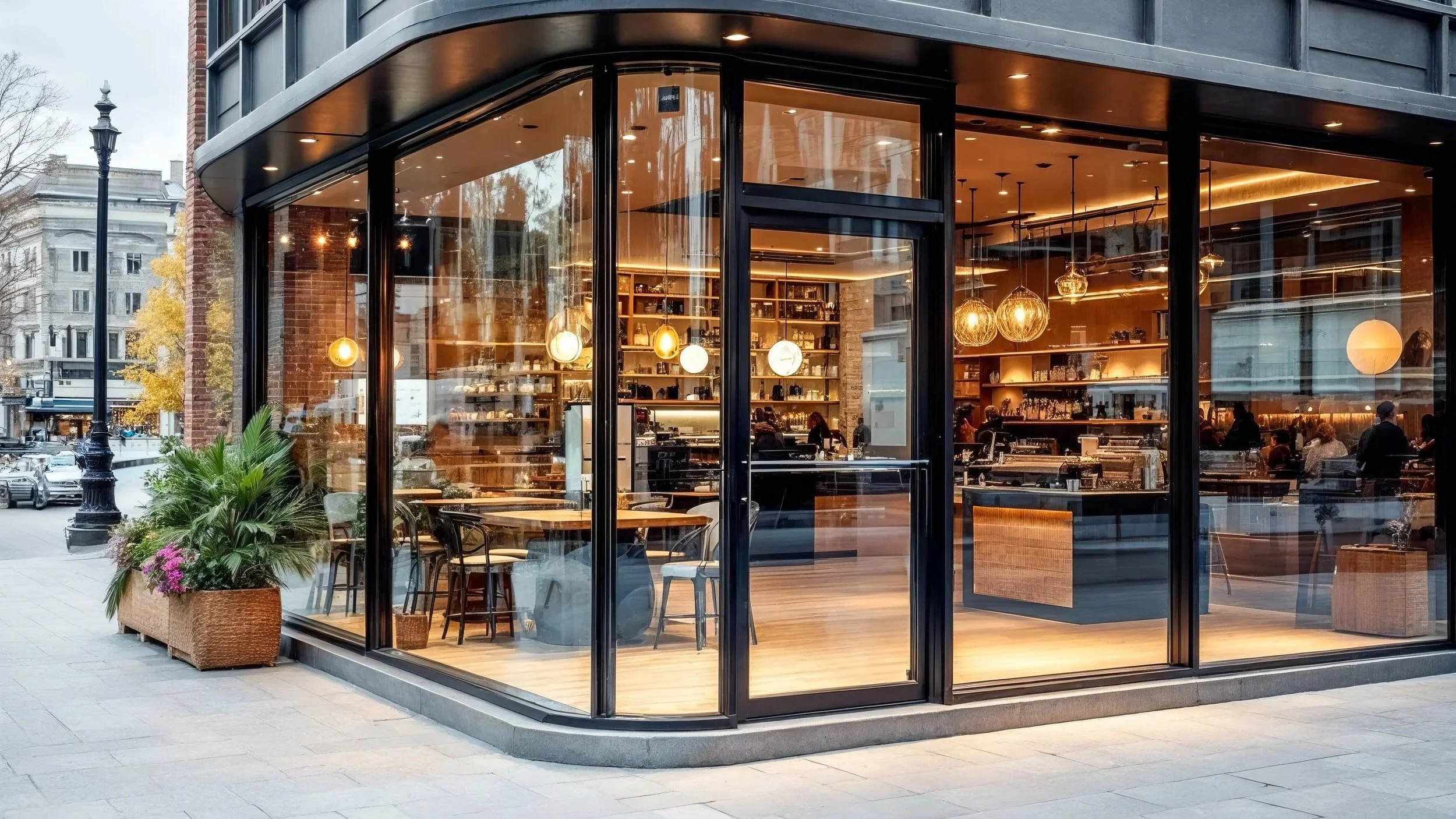 Exterior view of a modern restaurant or cafe with large glass windows and warm interior lighting, representative of commercial property ventures.
