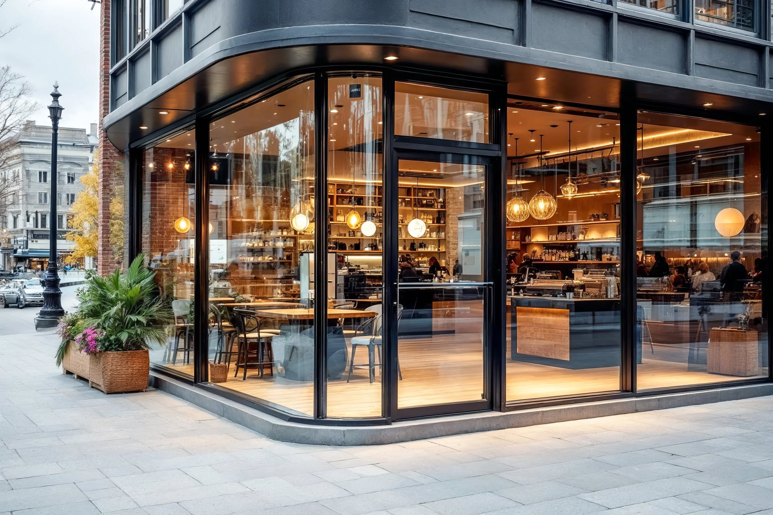 Exterior view of a modern restaurant or cafe with large glass windows and warm interior lighting, representative of commercial property ventures.