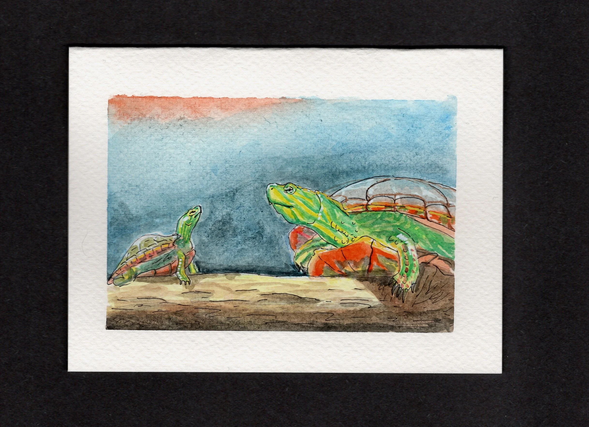 Watercolor painting of two turtles on a log, one larger and vibrant green with orange markings, the other smaller overall pale green, against a blue and reddish sky background.