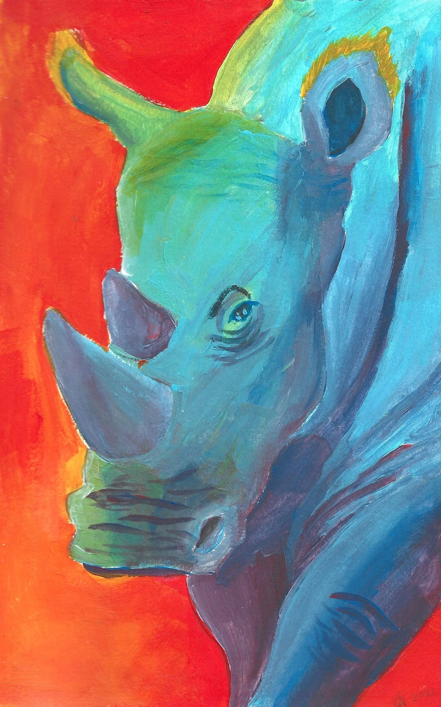 A colorful painting of a rhinoceros on a vibrant orange background, with shades of blue, green, and purple.
