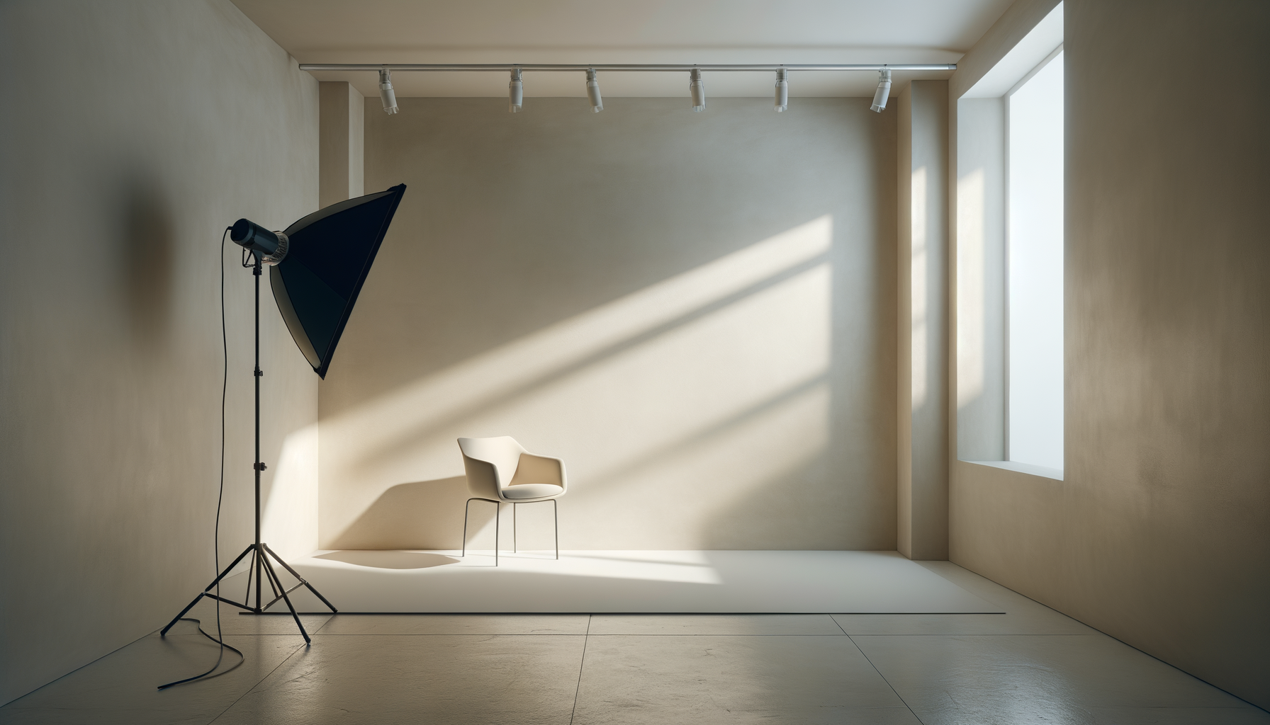Empty photography studio with a beige chair, studio light, and natural sunlight coming through large windows.