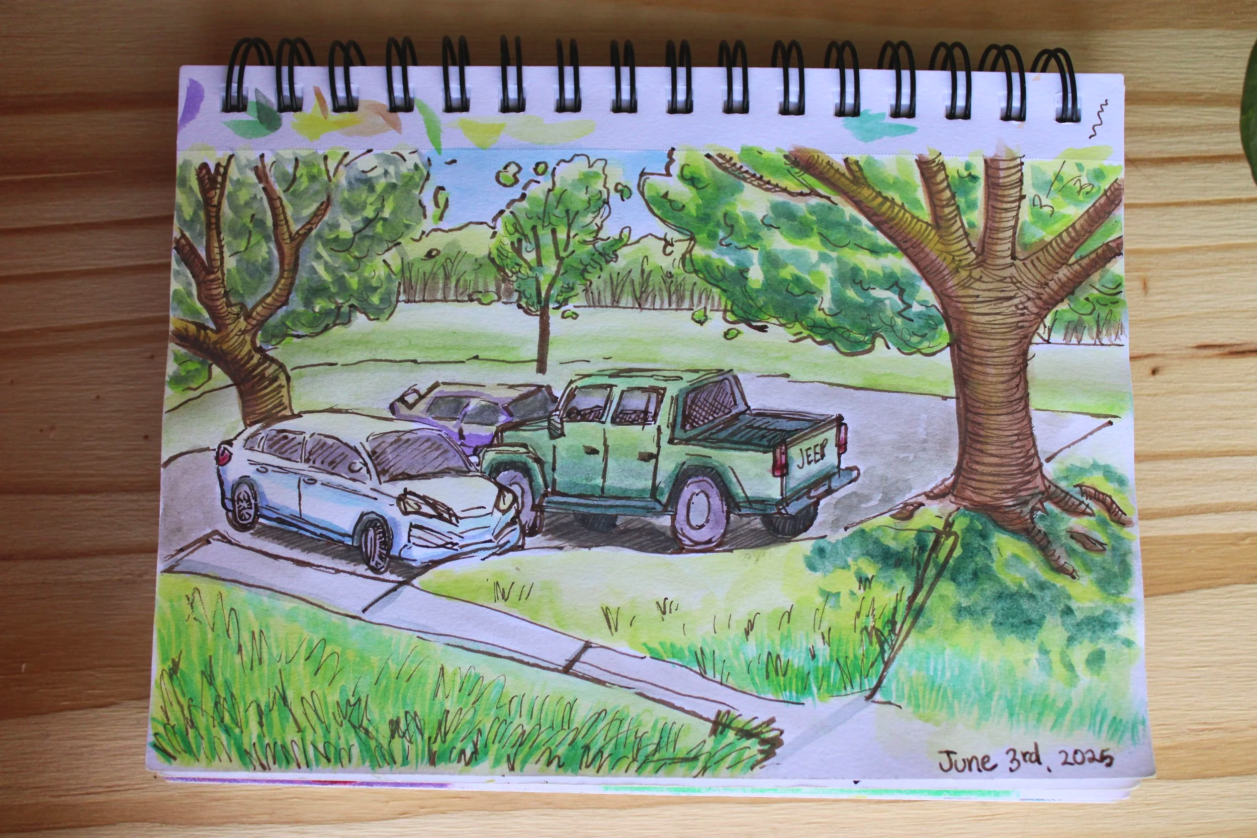 A en plier painting of the parking lot of the Lions Field done with ink and watercolor on 98lb mixed media paper.
