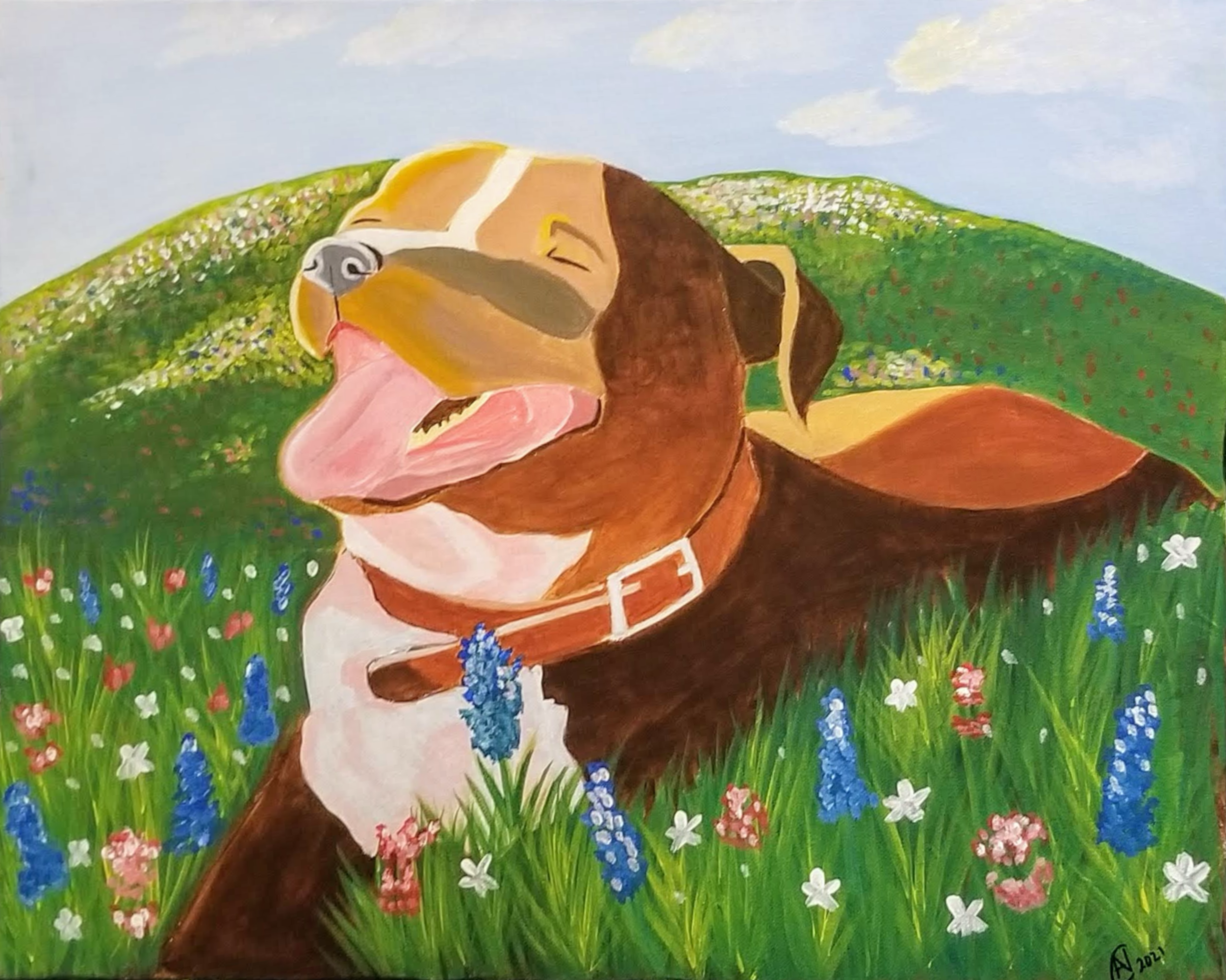 A colorful painting of a brown dog with sunlight in his face, sitting in a field of flowers with a hill in the background. The dog has its tongue out and is wearing a collar.