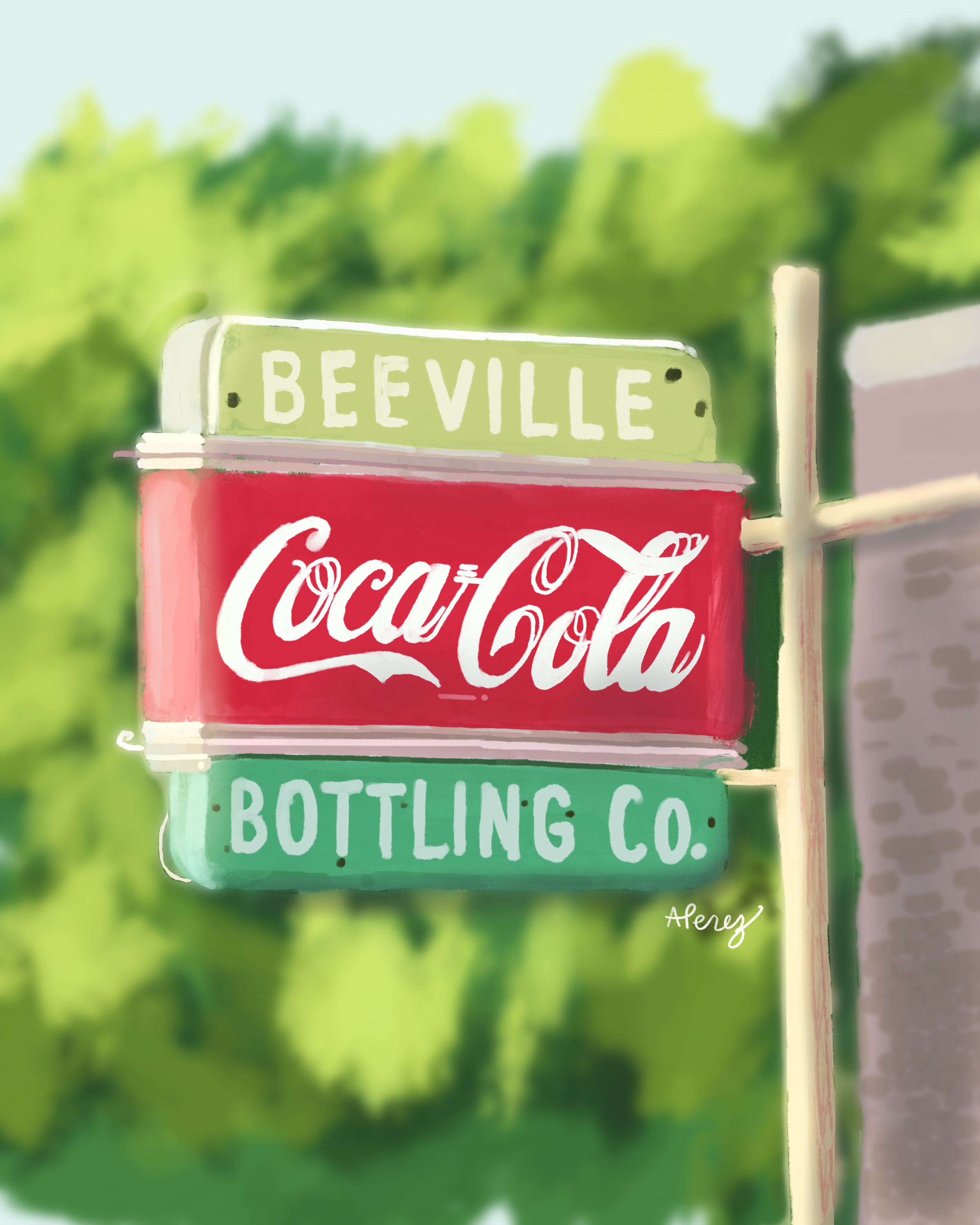 Colorful vintage Coca-Cola sign on a pole with green foliage in the background.