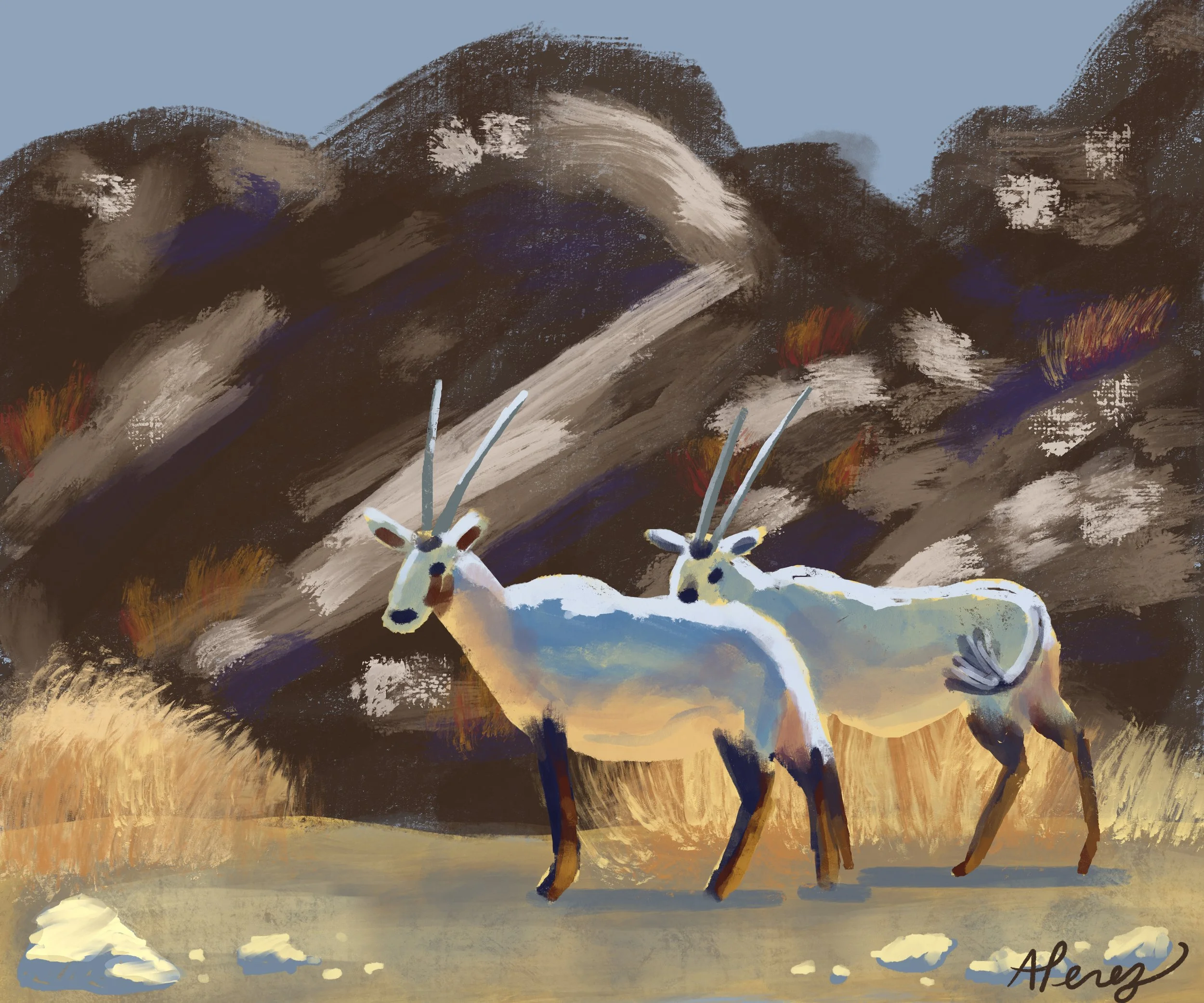 Painting of two kiang, wild Asian donkeys, standing on a plain with mountain range in the background.