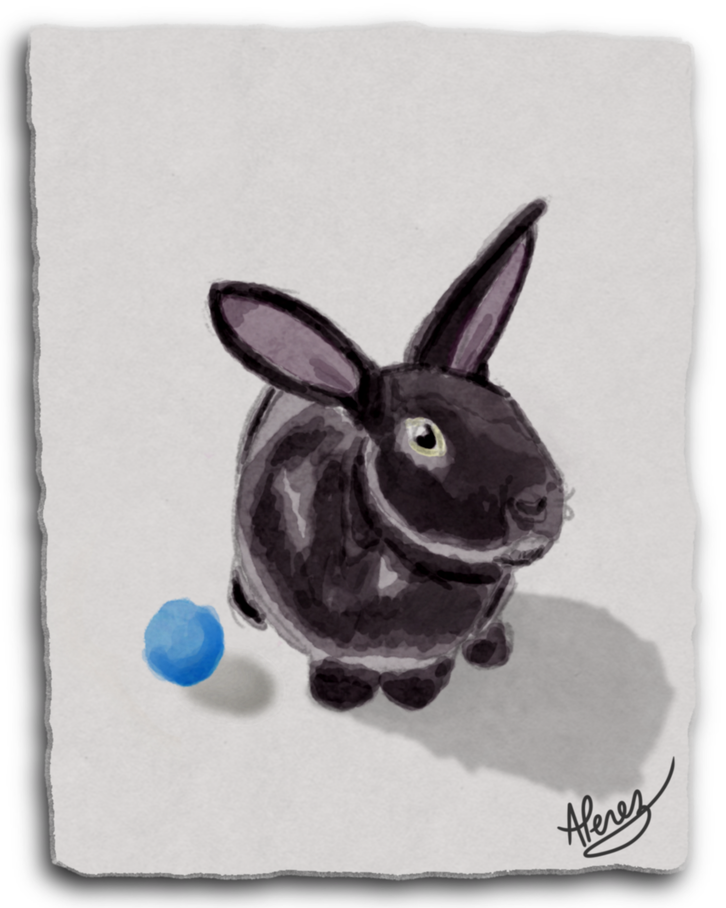 A creative drawing of a black rabbit with large ears and a blue ball beside it.