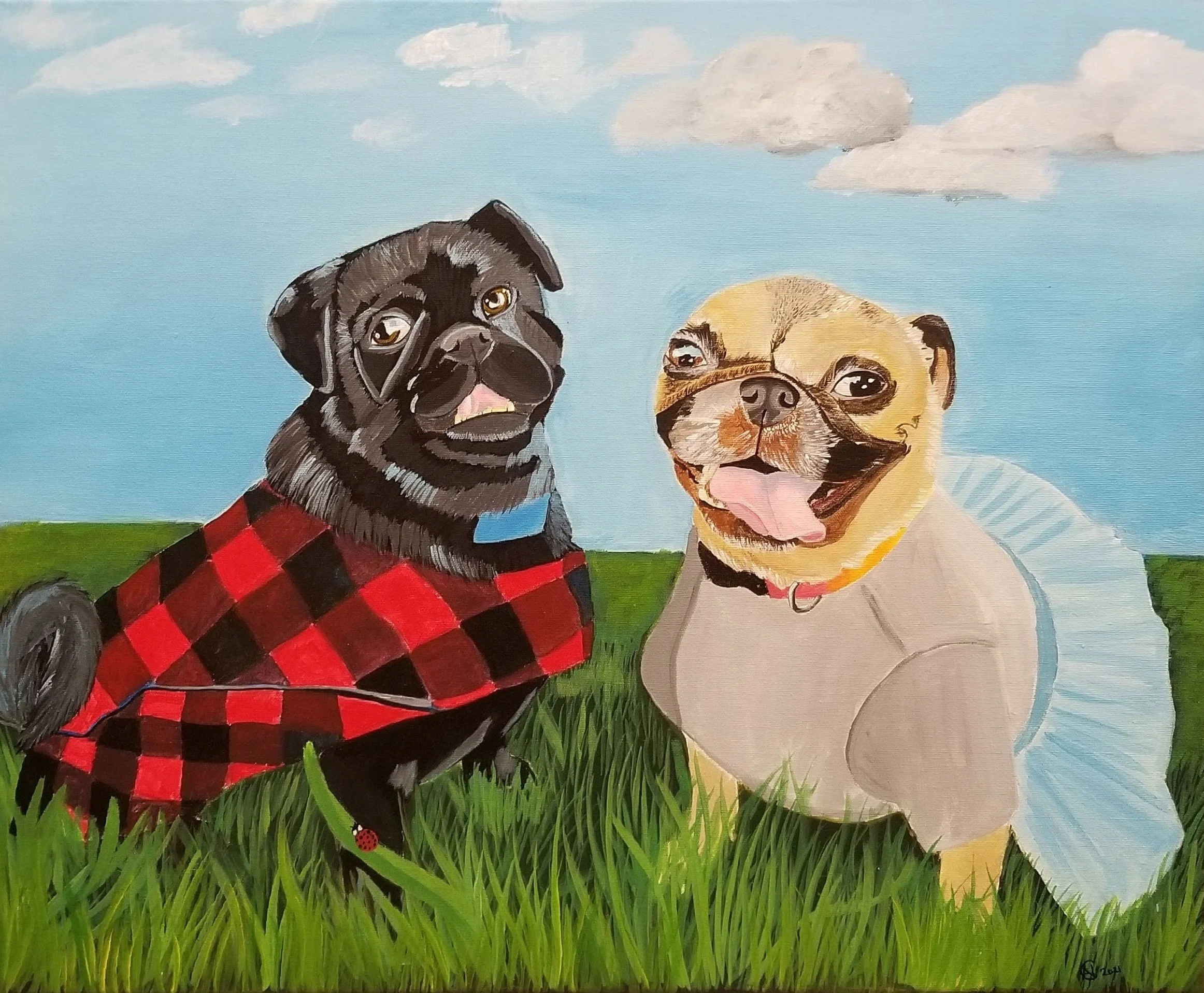 A painting of two happy pugs sitting in a grassy field with a blue sky and clouds in the background. One pug has a black coat and is wearing a red and black checkered bandana. The other pug has a tan coat and is wearing a light blue ruffled dress. Bo