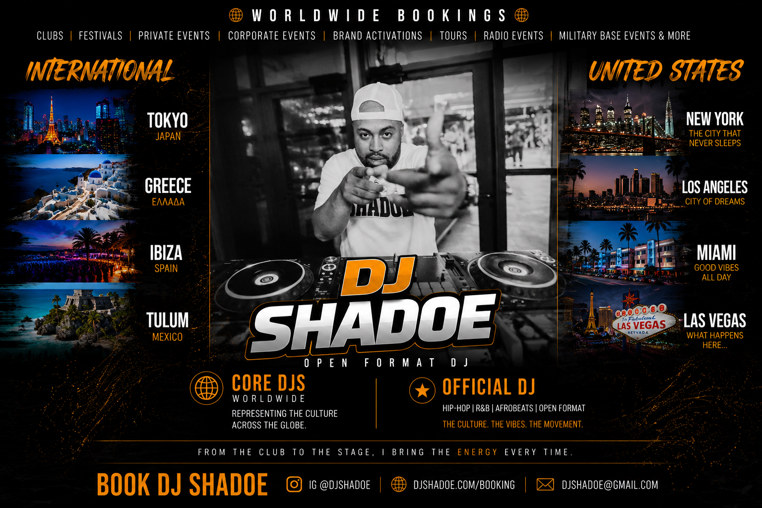 A promotional flyer for DJ Shade, showcasing international and U.S. city destinations, with images of Tokyo, Greece, Ibiza, Tulum, New York, Los Angeles, Miami, and Las Vegas. The flyer highlights DJ Shade as an open-format DJ mixing hip-hop, R&B, and Afrobeats, with core DJs worldwide and an official DJ. Contact information and social media handle are provided.