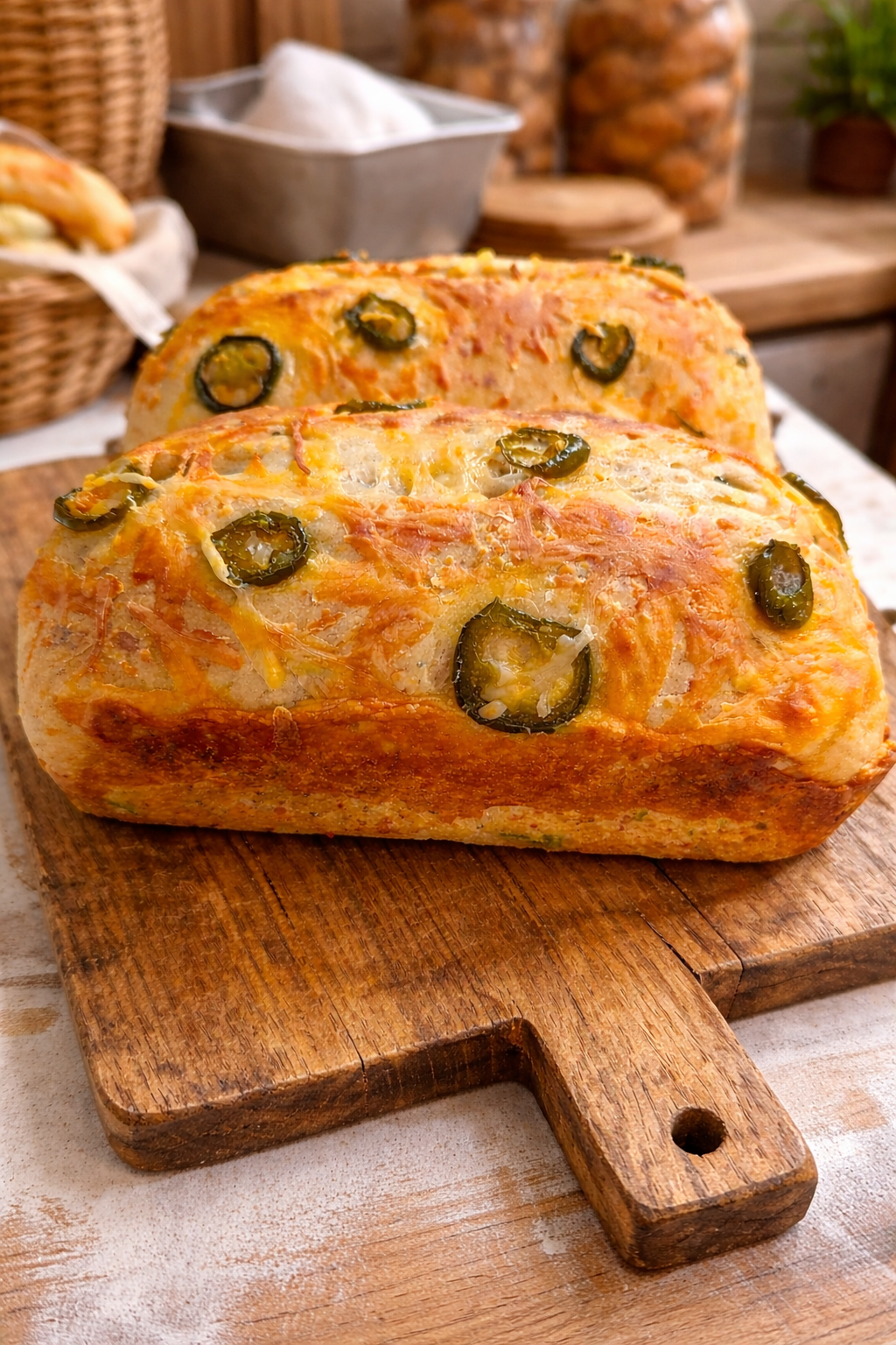 Jalapeño cheese artisan bread loaf with melted cheese and sliced jalapeños — San Diego