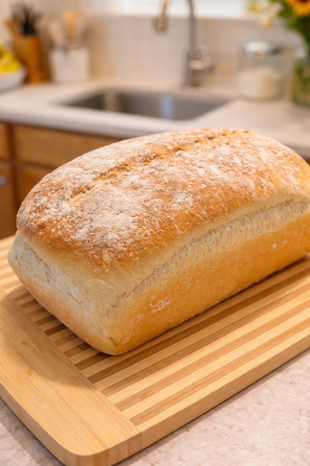 Classic homemade potato bread loaf on a cutting board — baked fresh in San Diego