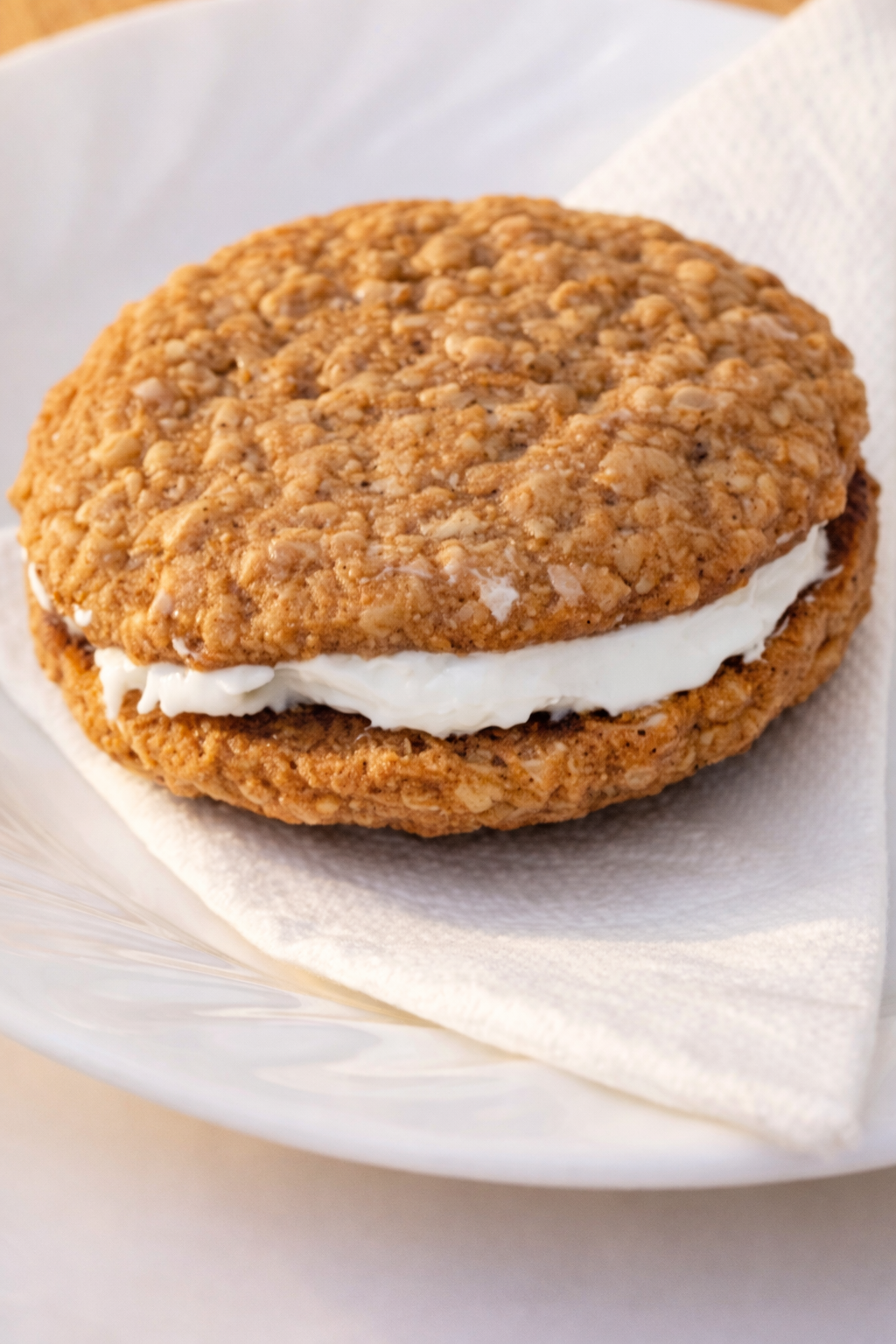 Homemade oatmeal cream pie sandwich cookie with fluffy vanilla filling — San Diego bakery