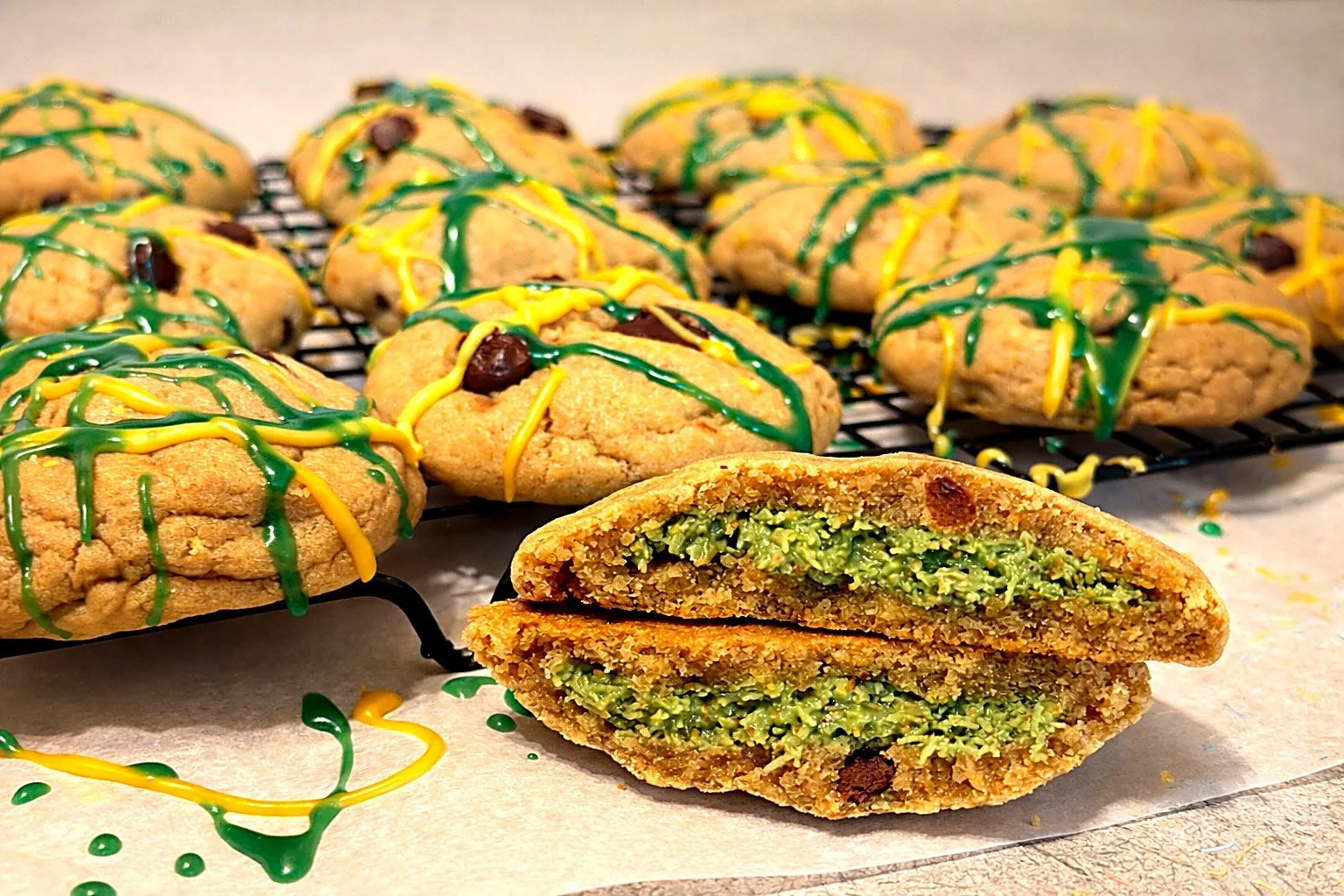 Dubai chocolate chip cookie with pistachio cream filling and drizzle — Our Daily Bread Co SD