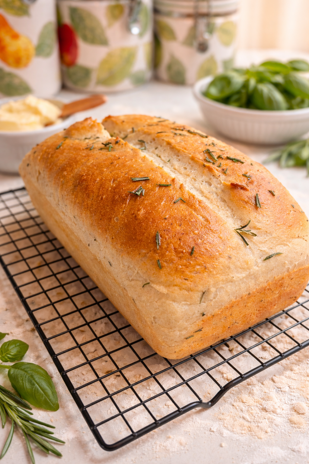 Rosemary basil potato bread loaf cooling on a rack — Our Daily Bread Co San Diego