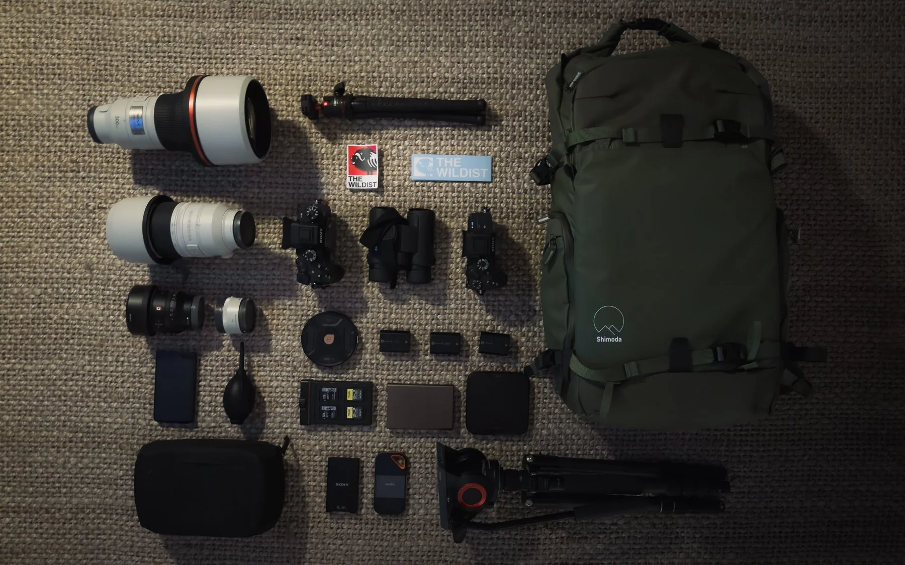 Photograph of camera equipment and accessories, including two large telephoto lenses, a camera with a telephoto lens attached, a smaller lens, a camera body, a remote shutter release, a tripod, batteries, memory cards, a backpack, and some stickers, 