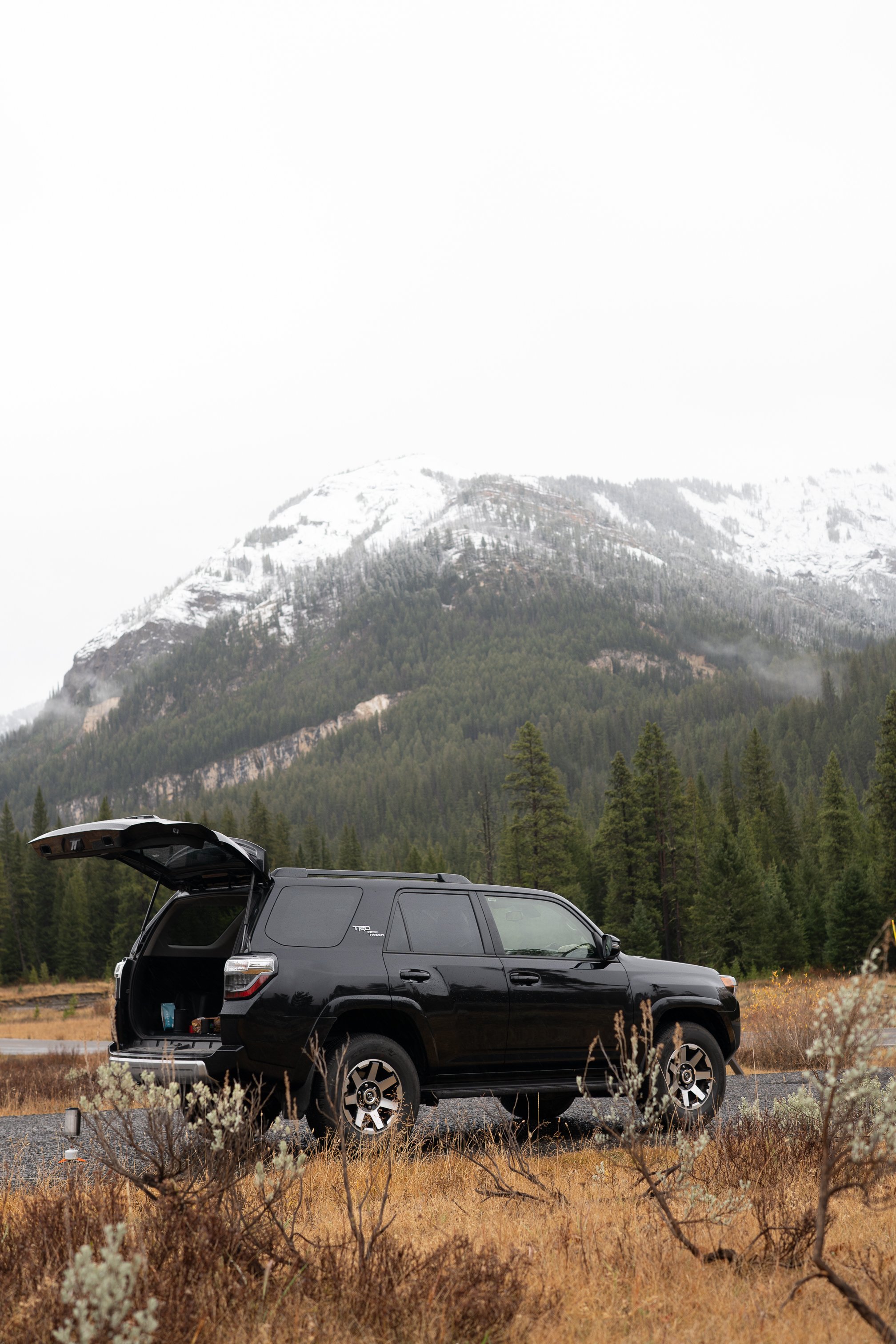 A black SUV parked on a dirt area with an open trunk, set against a backdrop of tall green pine trees and snow-capped mountains under an overcast sky.