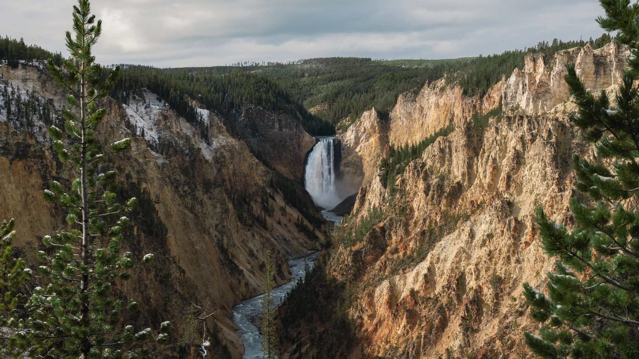 Scenic view of Yellowstone with a waterfall in the distance, surrounded by rocky cliffs and pine trees.