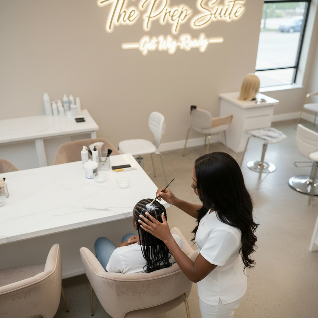 A woman receives a hair treatment in a modern salon, coloring or styling the hair of a seated client with braids, while holding a tool near the client's head. The salon has a clean, minimalist design with white and beige furniture, bottles on the counter, and a neon sign that reads 'The Prep Suite Get U Ready' on the wall.