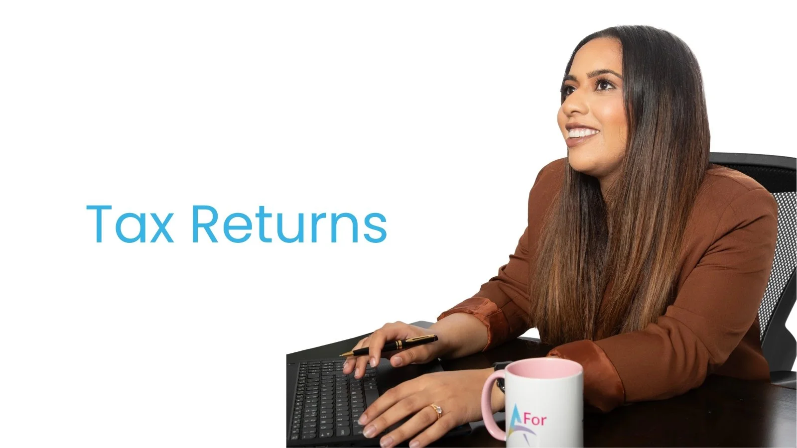Woman sitting at desk with a laptop, holding a pen, smiling, with a mug that has a logo, and the text 'Tax Returns' on a white background.