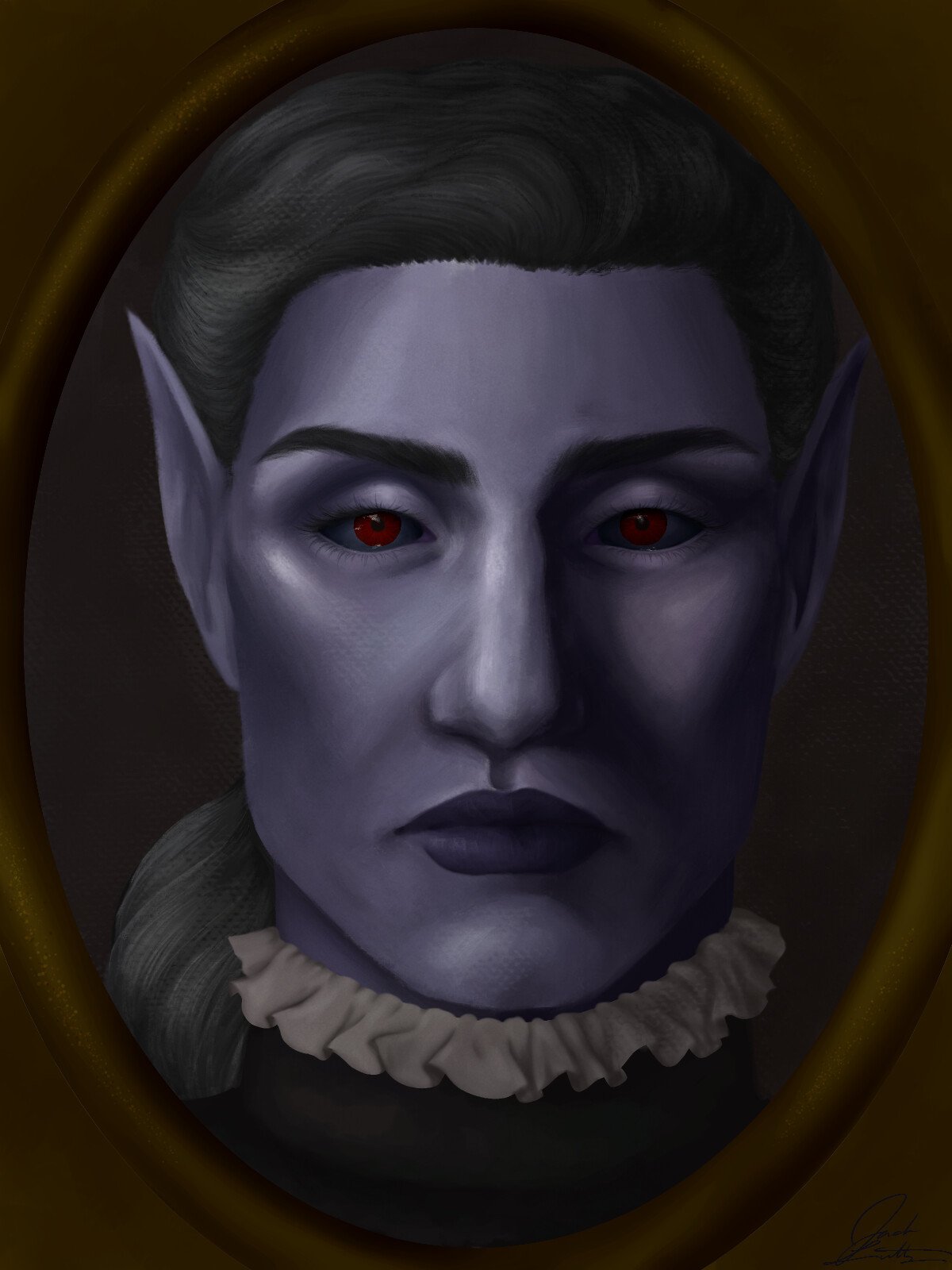 A digital painting of a humanoid creature with purple skin, pointed elf-like ears, red eyes, dark hair, and a ruffled collar, looking into a mirror with a gold frame.