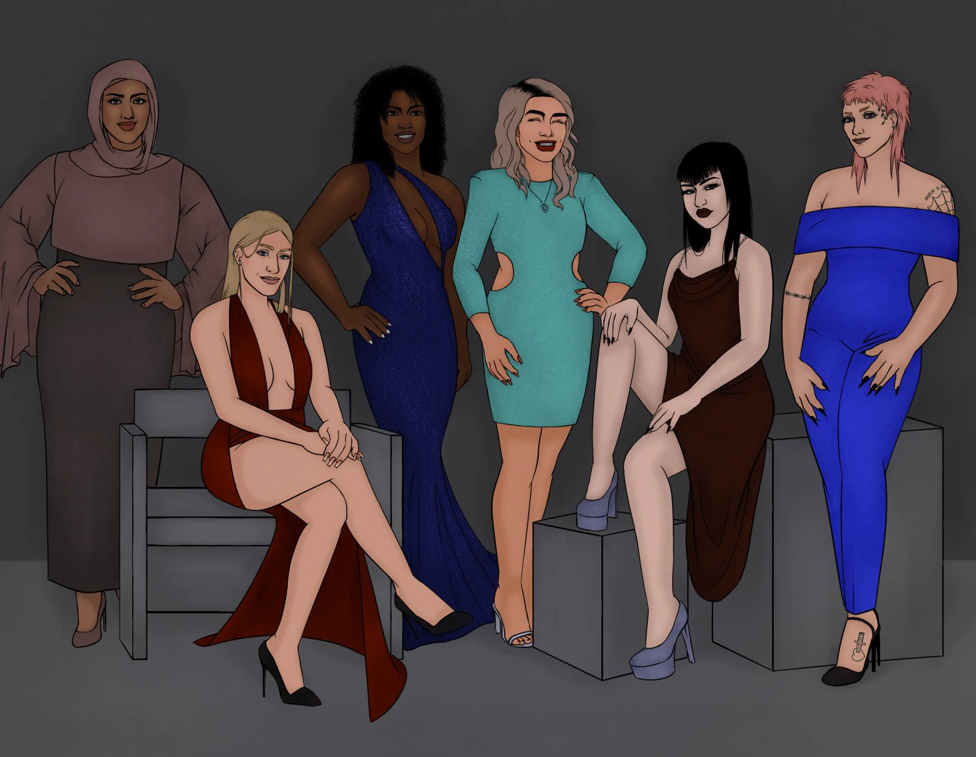Digital illustration of six diverse women in fashionable outfits, posing against a dark background, with some sitting and others standing.