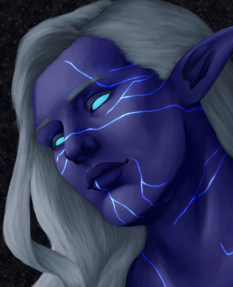 A digital illustration of a blue-skinned fantasy elf with long, flowing silver hair and glowing cyan eyes, highlighted with blue lightning-like streaks across her face and neck, set against a starry space background.