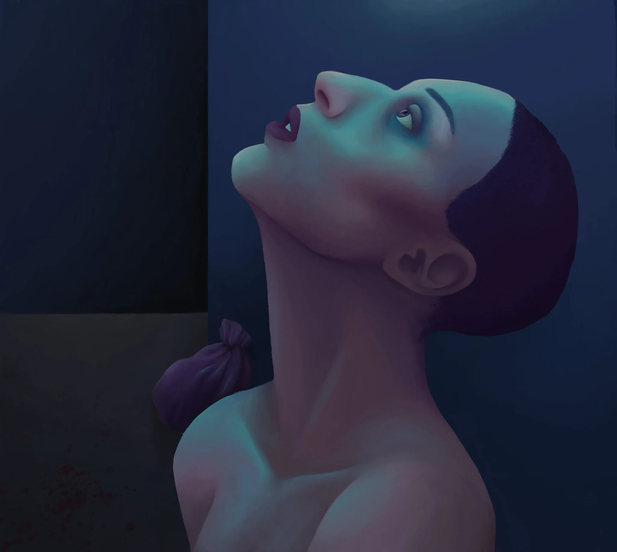 Digital painting of a woman with her head tilted back, eyes closed, and hair tied in a purple bun, against a dark background with a blue light highlighting her face and shoulders.