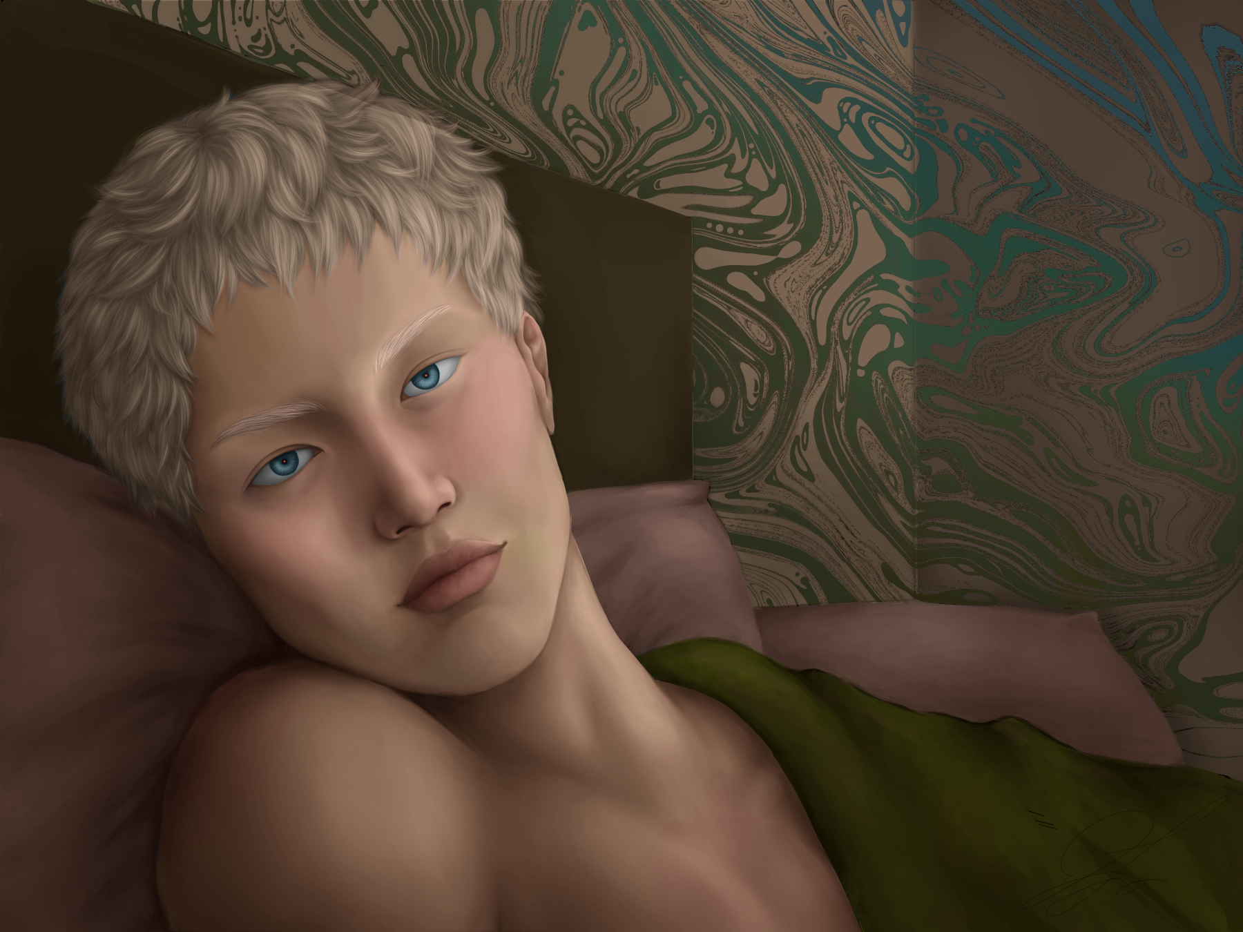 A digital artwork of a young person with short, light blonde hair and blue eyes, resting their head on a pillow, with a marble-like patterned wall in the background.