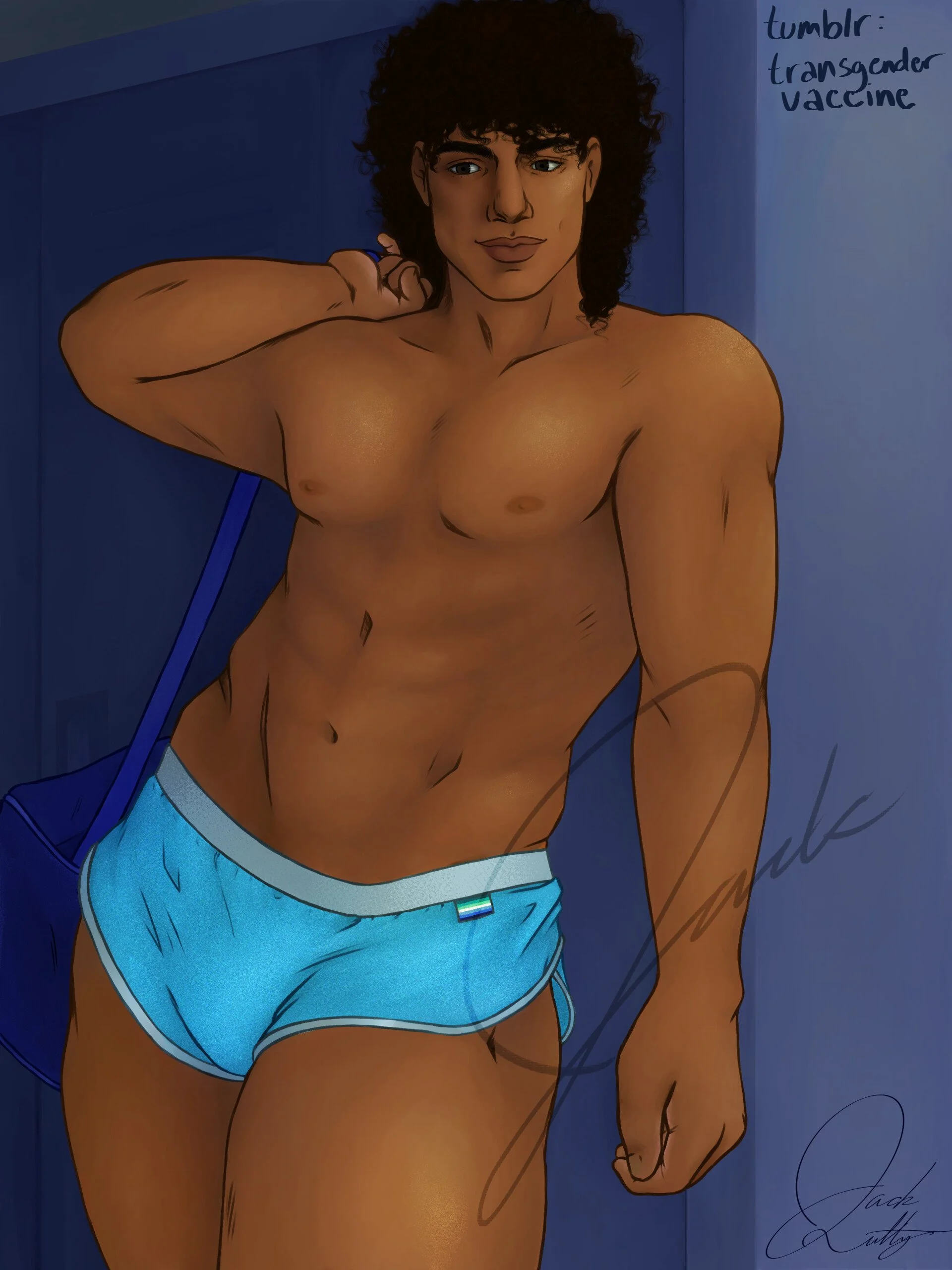 Digital illustration of a muscular person with curly hair, wearing blue shorts, standing shirtless with a blue bag over their shoulder in a dimly lit room. There is handwritten text in the top right corner reading 'tumblr: transgender vaccine' and si