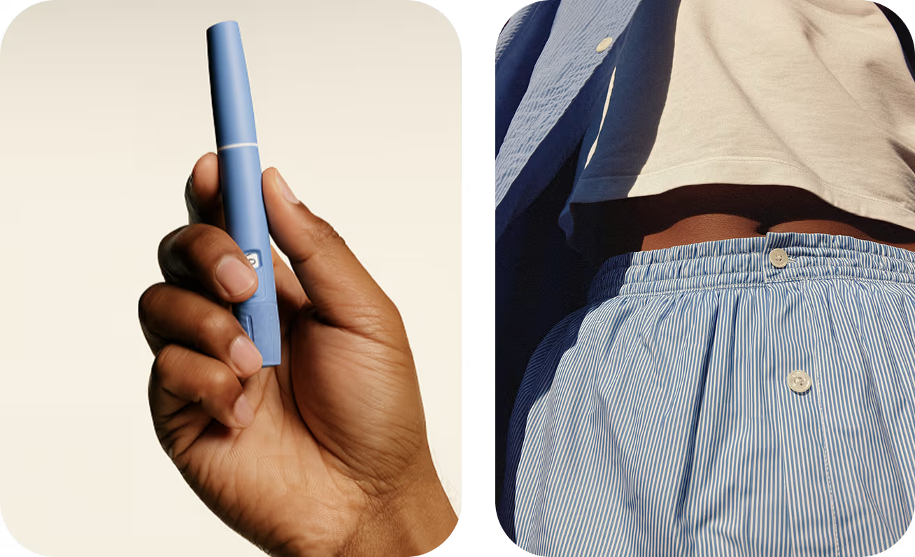 Close-up of a person's hand holding a blue vape pen on the left, and a person's waist wearing blue and white striped shorts and a beige and blue shirt on the right.