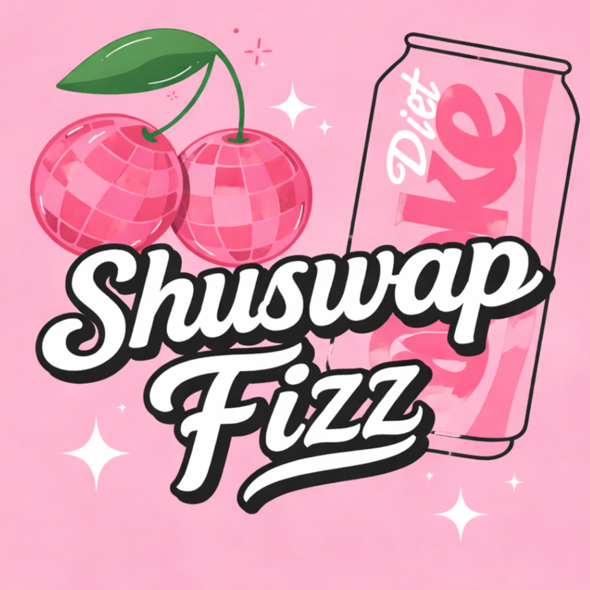 Pink background with cherries shaped like disco balls, a can of Diet Coke, and the text 'Shuswap Fizz' in bold, stylized font.