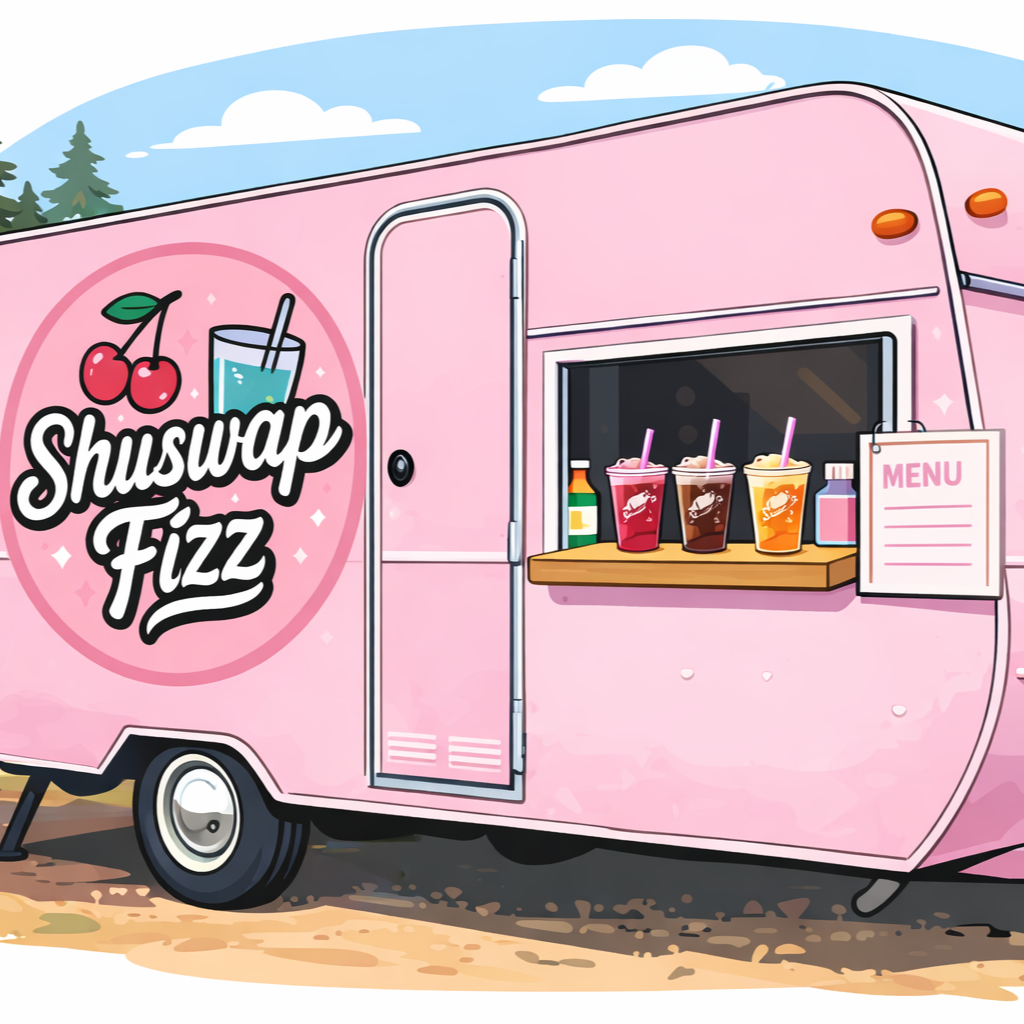 A pink ice cream and beverage truck named 'Shuswap Fizz' with a menu sign, selling colorful drinks with straws, sauces, and a soda bottle on the side, set outdoors with trees and a blue sky with clouds in the background.
