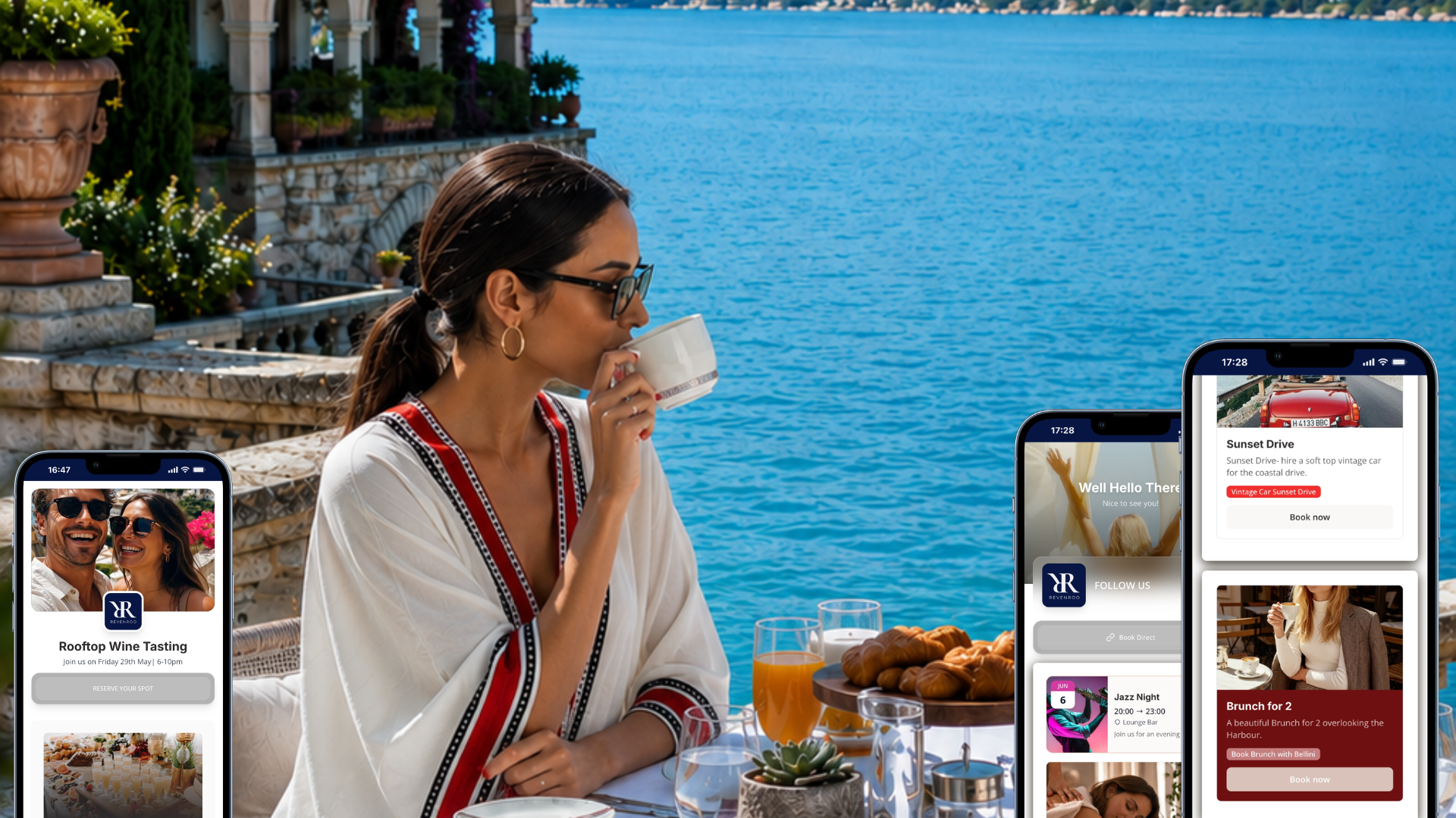 Woman with dark hair and glasses drinking coffee by a lake, with smartphone screens showing app interfaces for booking events and wine tasting.