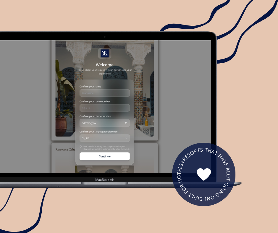 Laptop screen displaying a hotel check-in form interface with architectural Moroccan-style background, placed on a pink surface with navy lines. A round badge with a heart and the text "Building or hotels + resorts that have a lot to offer" is on the bottom right of the screen.