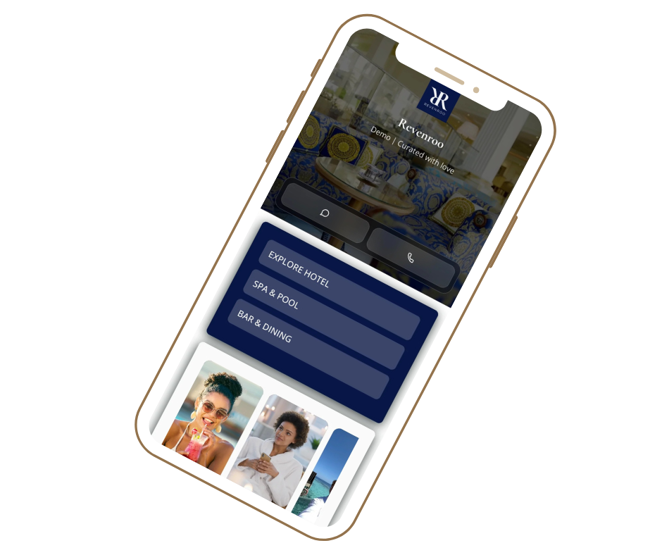 Mobile app screen displaying hotel information for Reverno, with options to explore hotel, spa & pool, bar & dining, and images of happy people enjoying a vacation.