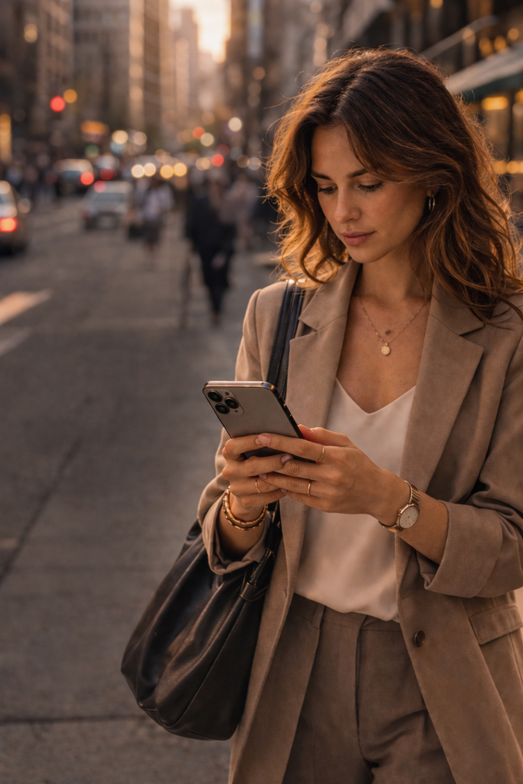 A woman in business attire standing on a city street at sunset, looking at her smartphone with blurred pedestrians and cars in the background.