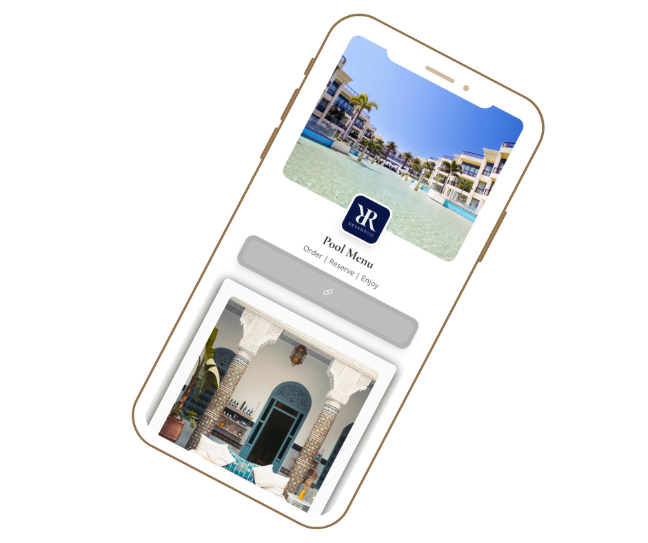 Mobile phone displaying a luxury resort website with a pool view, pool menu options, and an image of an ornate interior with arches and Moroccan-style decor.